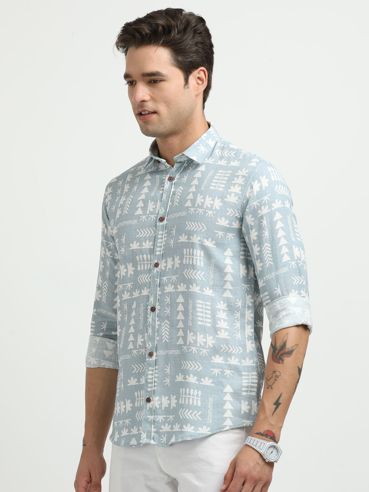 Men’s Sky Blue Tribal Print Cotton Linen Shirt