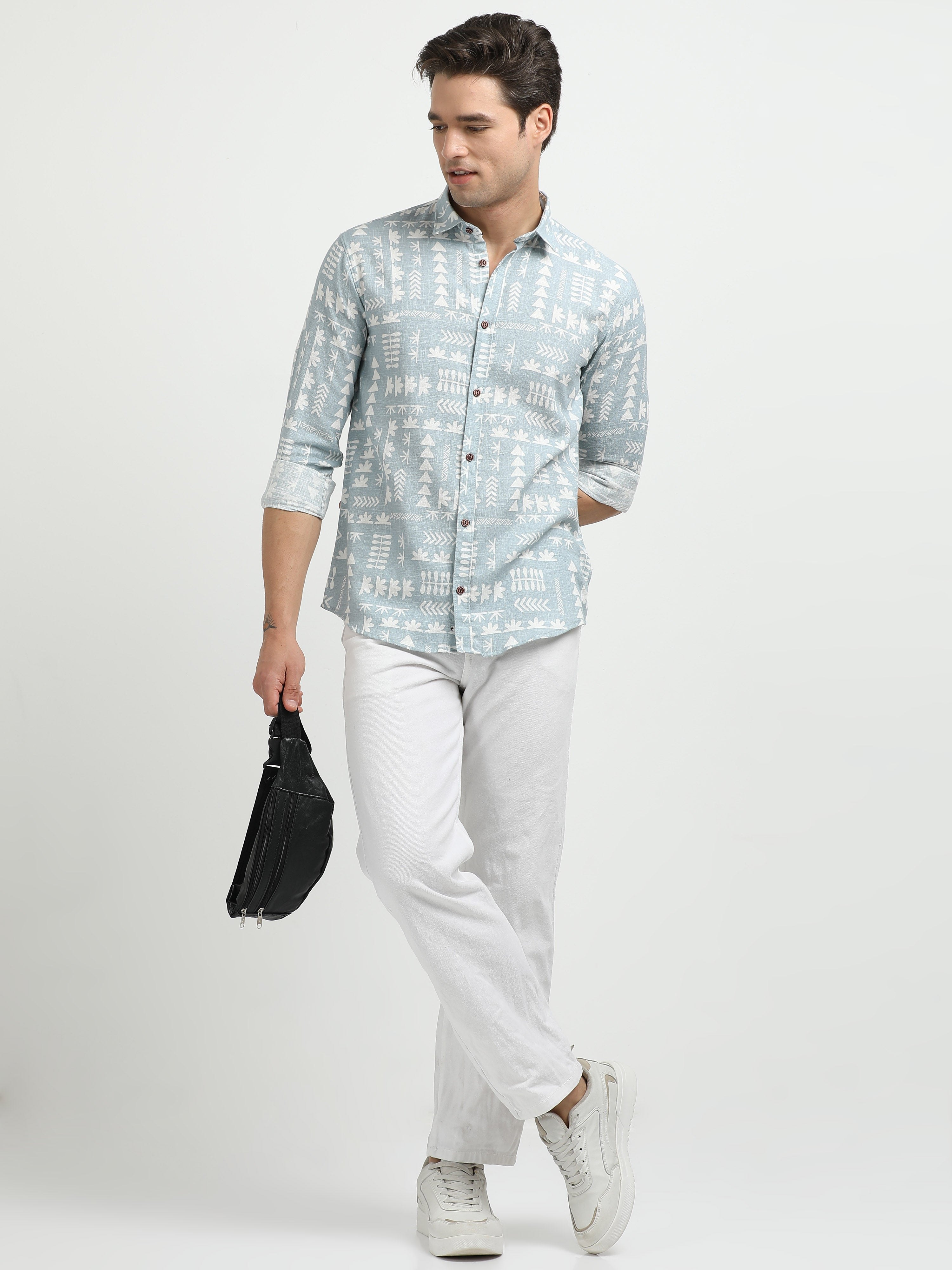 Men’s Sky Blue Tribal Print Cotton Linen Shirt