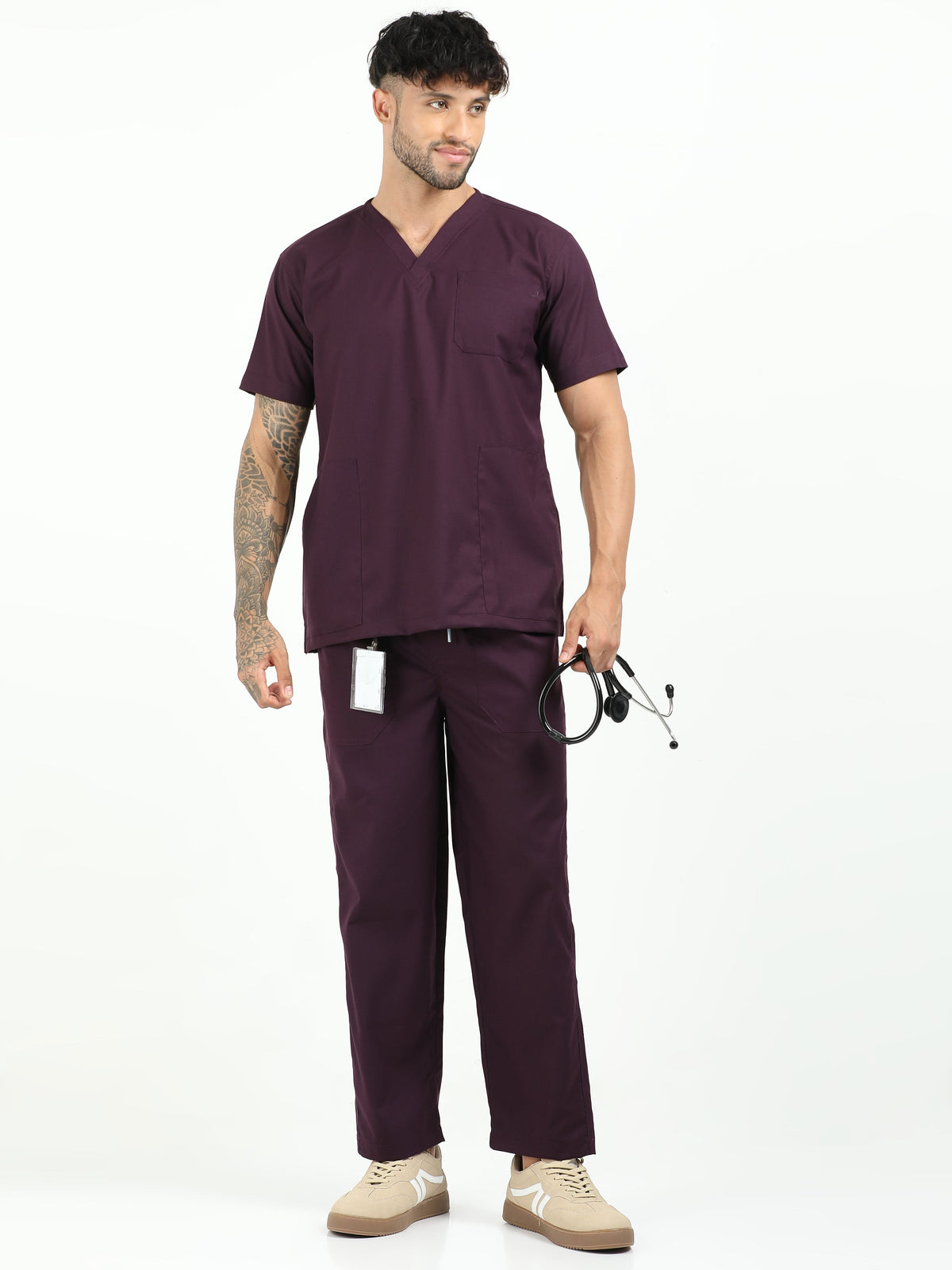Men’s Wine Medical Scrub Set – V-Neck Top & Straight Pants | Twill Fabric, Breathable & Fade-Resistant – Eco Flex
