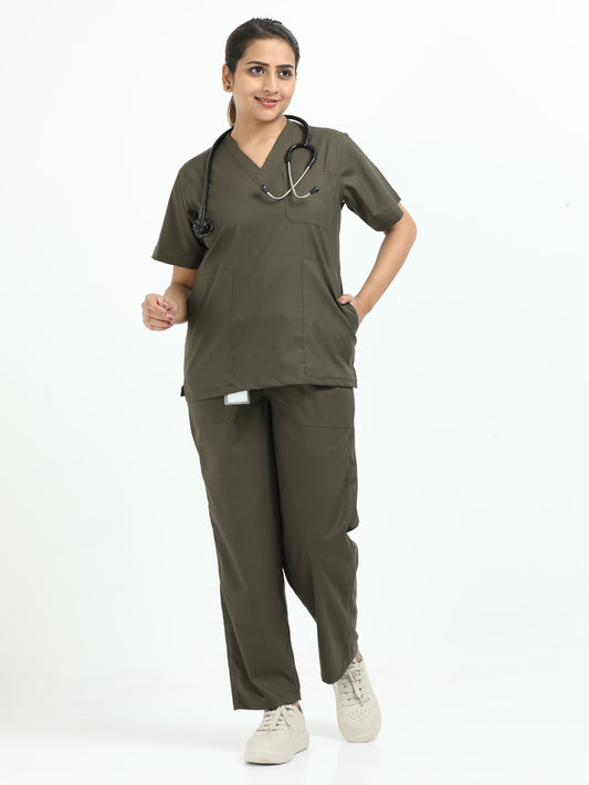 Women’s Olive Medical Scrub Set – V-Neck Top & Straight Pants | Twill Fabric, Durable & Antibacterial – Eco Flex