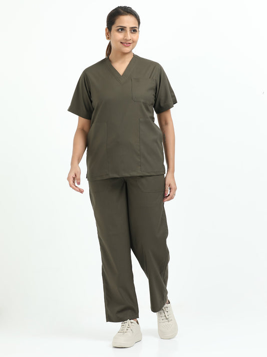 Women’s Olive Medical Scrub Set – V-Neck Top & Straight Pants | Twill Fabric, Durable & Antibacterial – Eco Flex