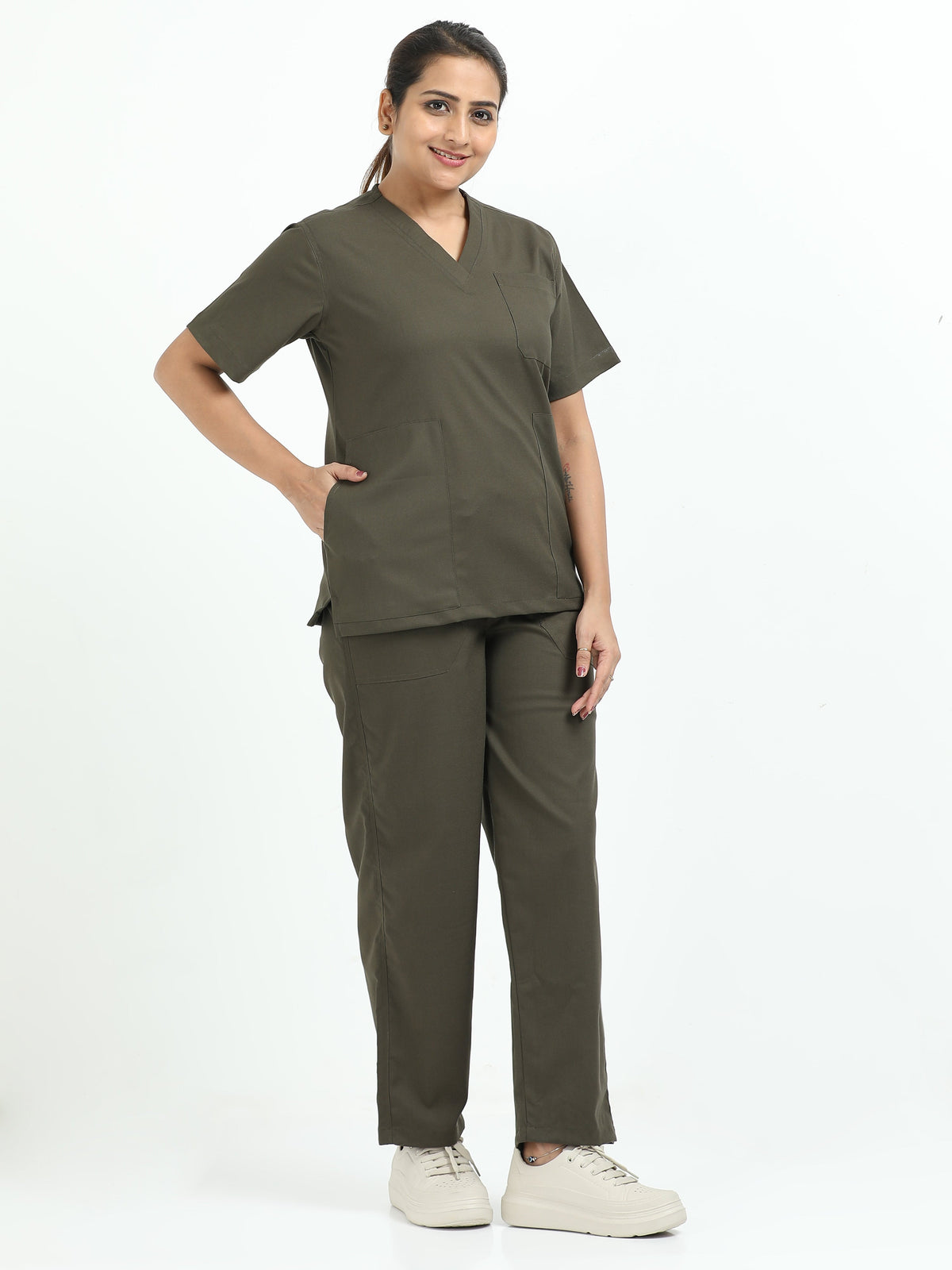 Women’s Olive Medical Scrub Set – V-Neck Top & Straight Pants | Twill Fabric, Durable & Antibacterial – Eco Flex
