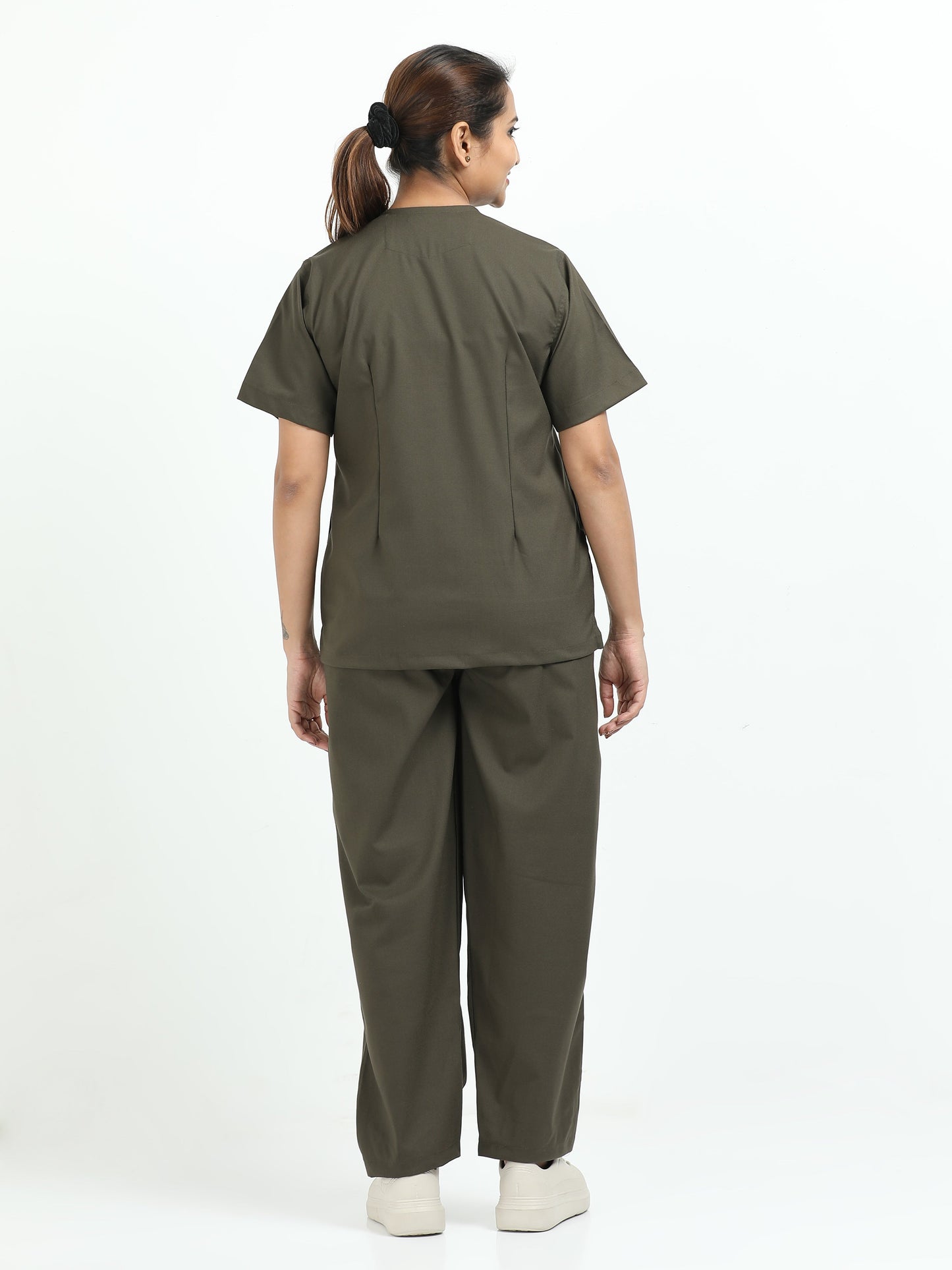 Women’s Olive Medical Scrub Set – V-Neck Top & Straight Pants | Twill Fabric, Durable & Antibacterial – Eco Flex