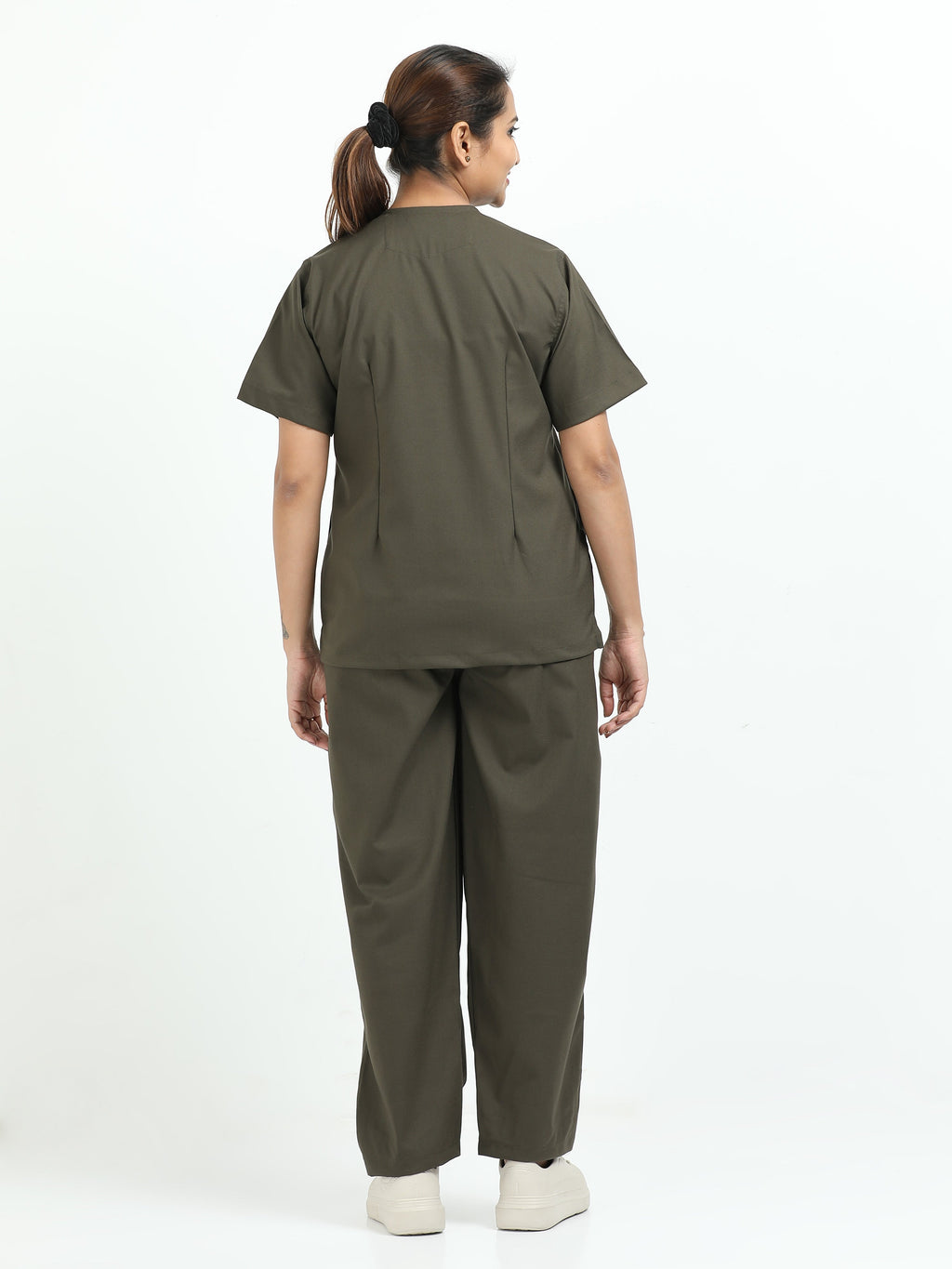 Women’s Olive Medical Scrub Set – V-Neck Top & Straight Pants | Twill Fabric, Durable & Antibacterial – Eco Flex