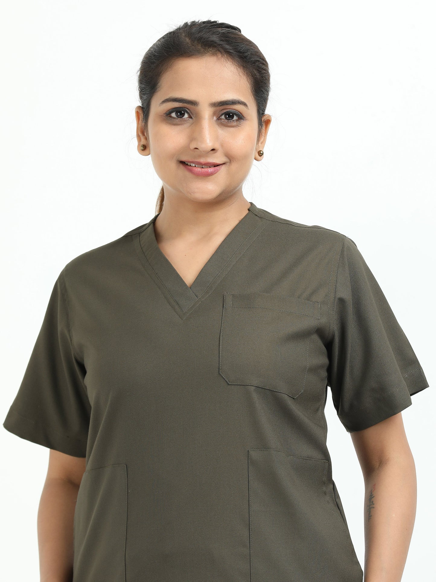 Women’s Olive Medical Scrub Set – V-Neck Top & Straight Pants | Twill Fabric, Durable & Antibacterial – Eco Flex