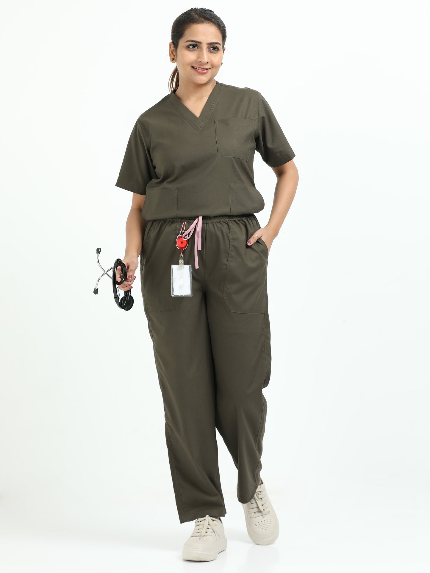 Women’s Olive Medical Scrub Set – V-Neck Top & Straight Pants | Twill Fabric, Durable & Antibacterial – Eco Flex