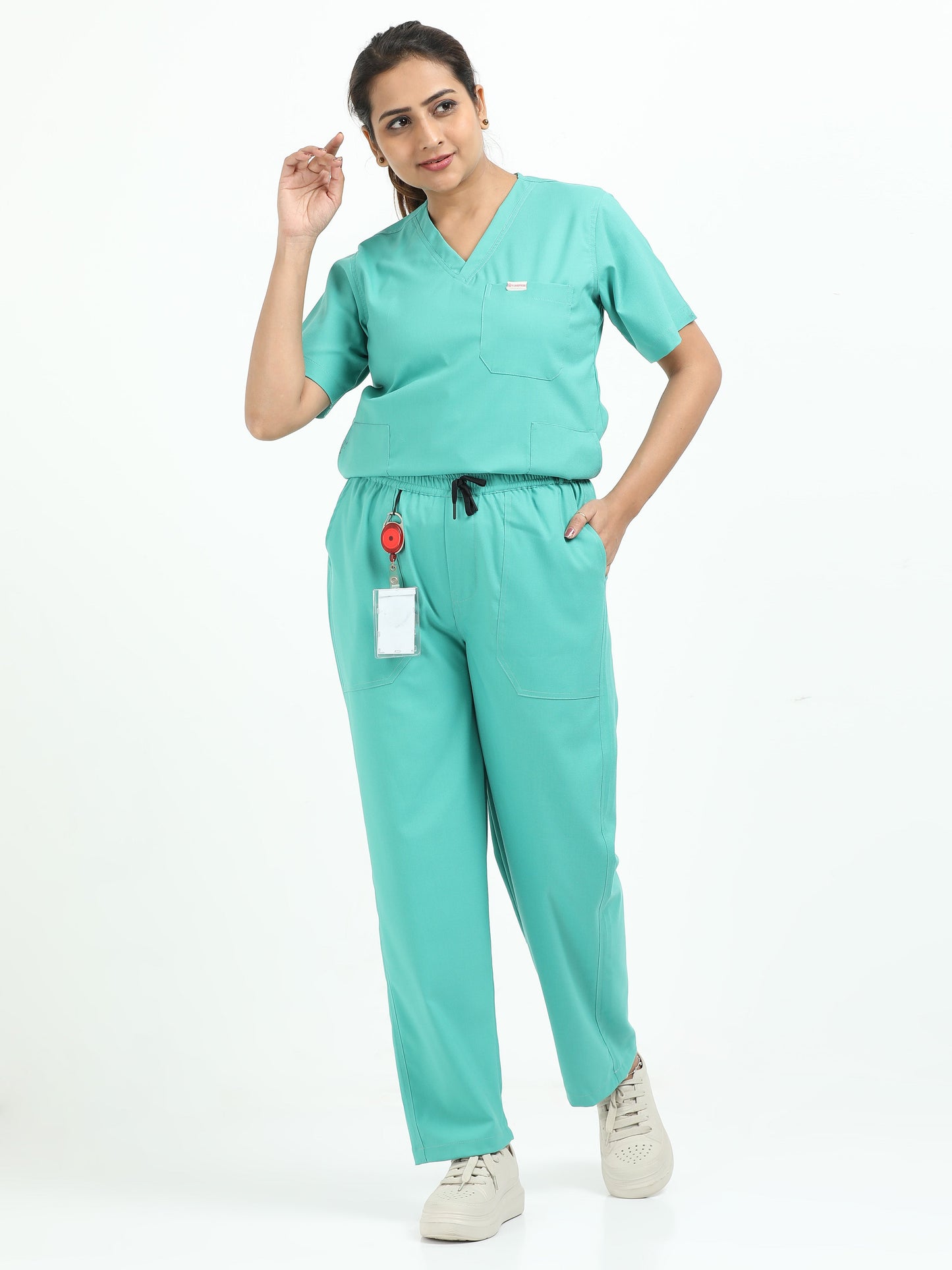 Women’s Sea Green Medical Scrub Set – V-Neck Top & Straight Pants | Twill Fabric, Antibacterial & Quick-Dry – Eco Flex