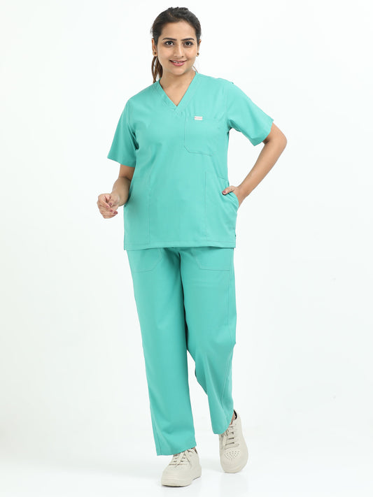 Women’s Sea Green Medical Scrub Set – V-Neck Top & Straight Pants | Twill Fabric, Antibacterial & Quick-Dry – Eco Flex
