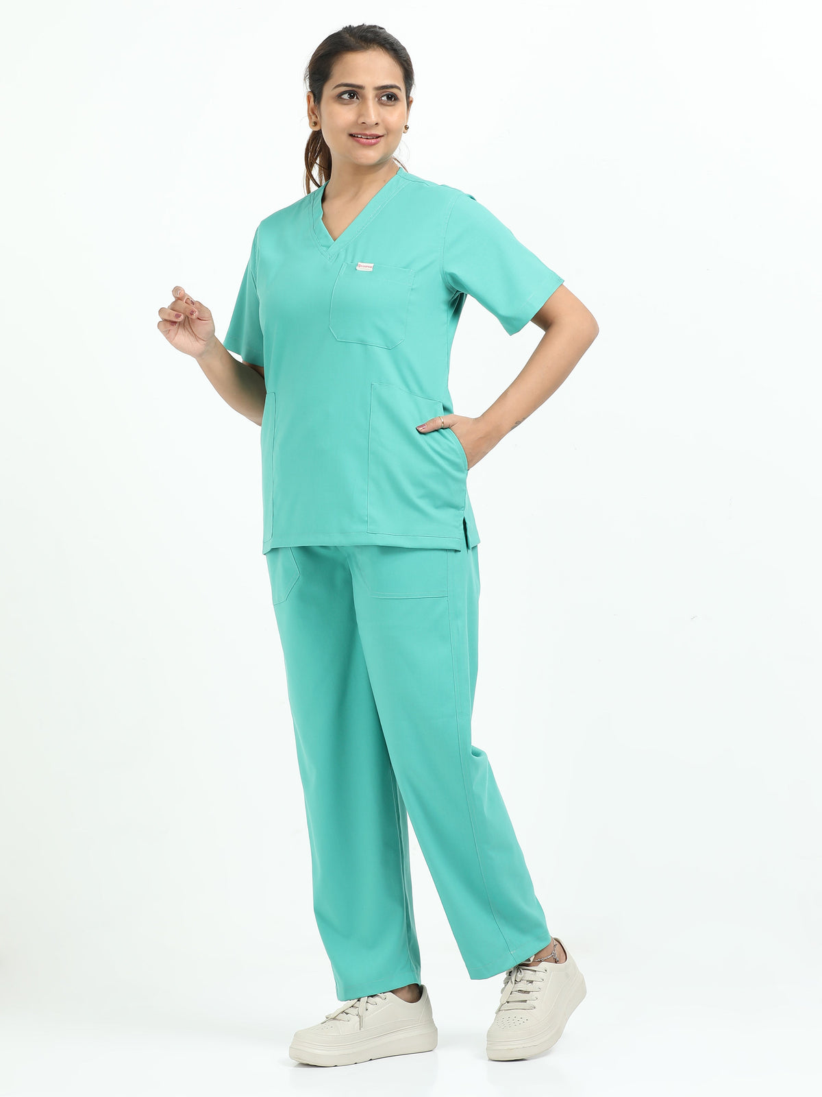 Women’s Sea Green Medical Scrub Set – V-Neck Top & Straight Pants | Twill Fabric, Antibacterial & Quick-Dry – Eco Flex