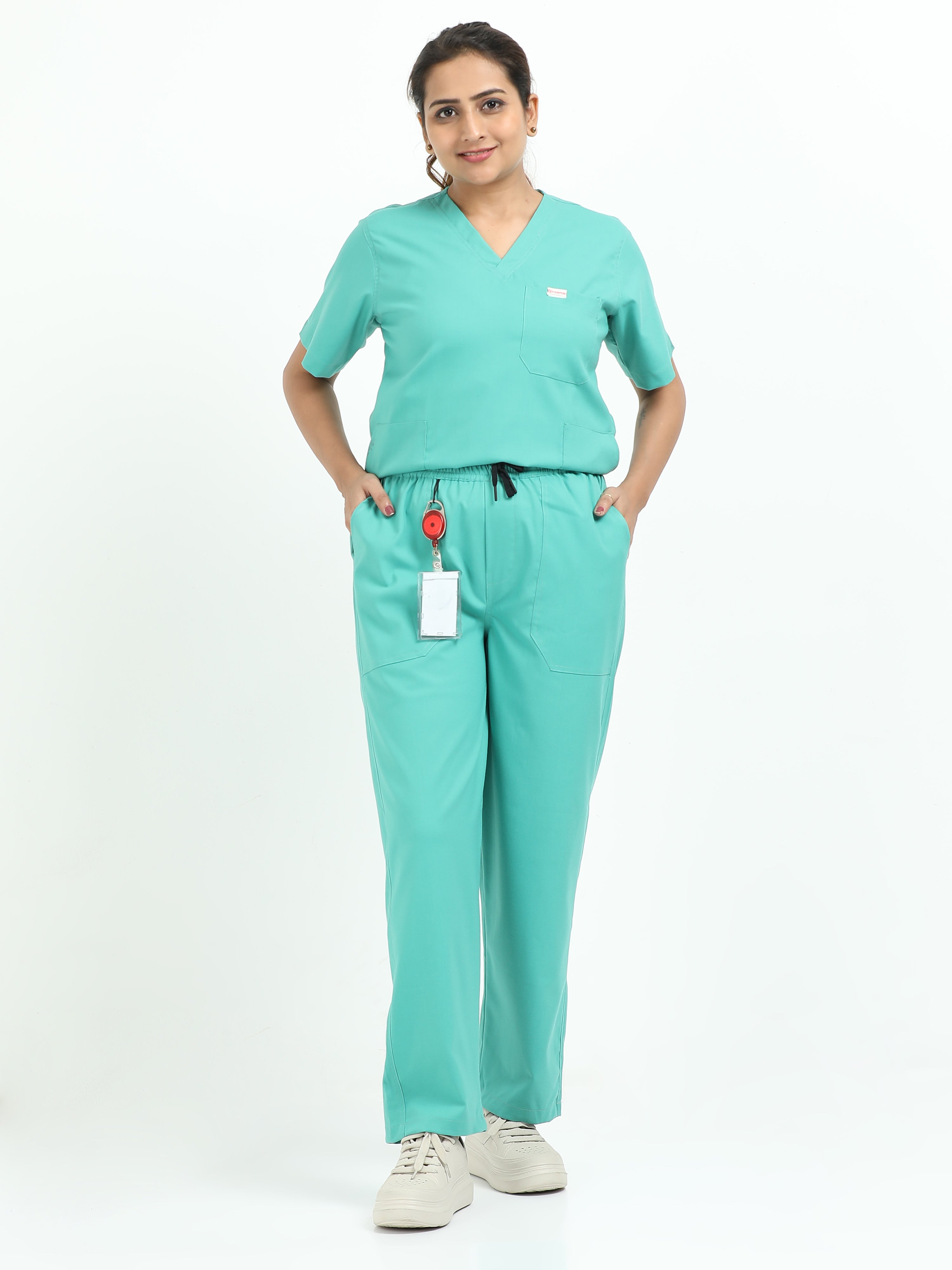 Women’s Sea Green Medical Scrub Set – V-Neck Top & Straight Pants | Twill Fabric, Antibacterial & Quick-Dry – Eco Flex