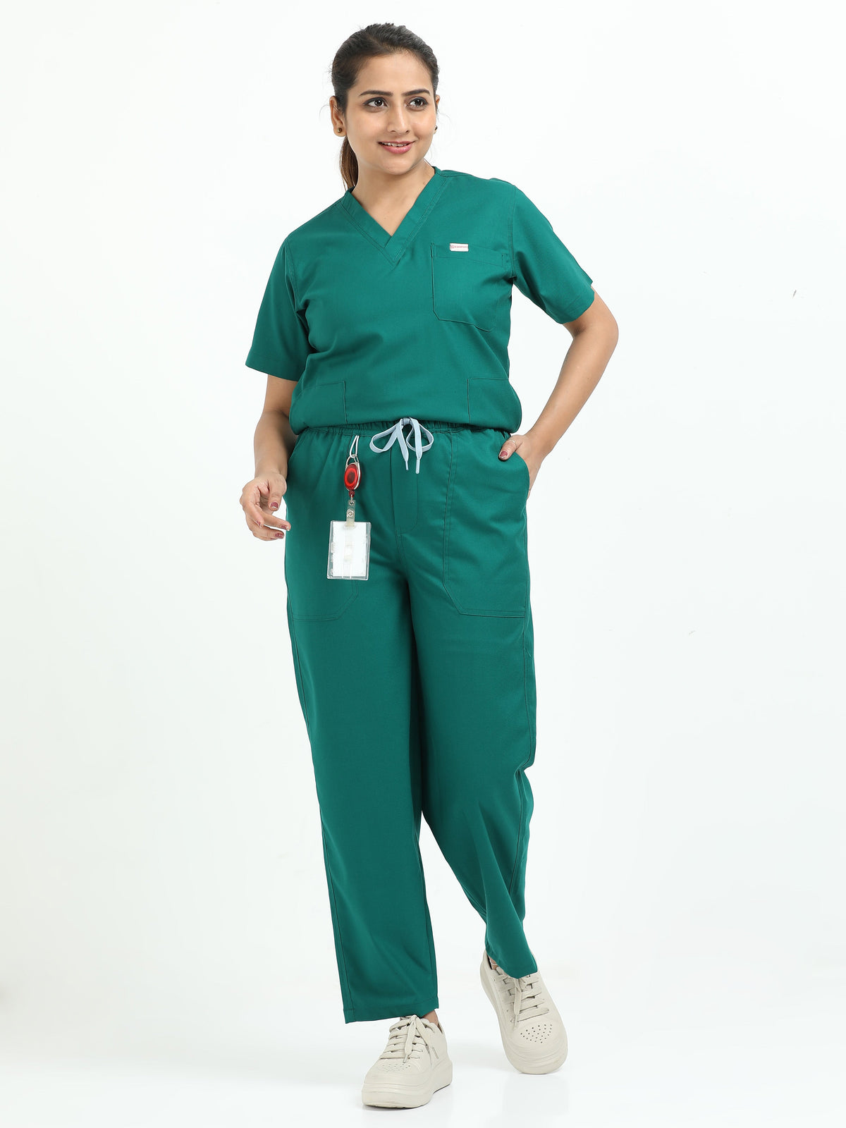 Women’s Forest Green Medical Scrub Set – V-Neck Top & Straight Pants | Twill Fabric, Breathable & Antibacterial – Eco Flex
