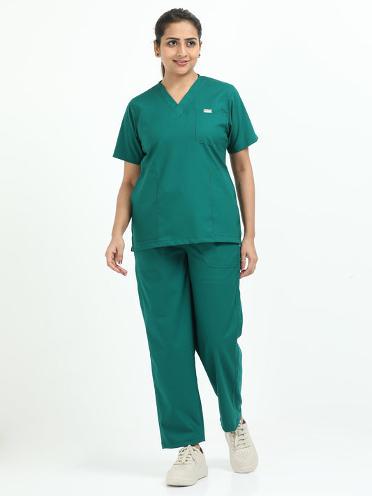 Women’s Forest Green Medical Scrub Set – V-Neck Top & Straight Pants | Twill Fabric, Breathable & Antibacterial – Eco Flex