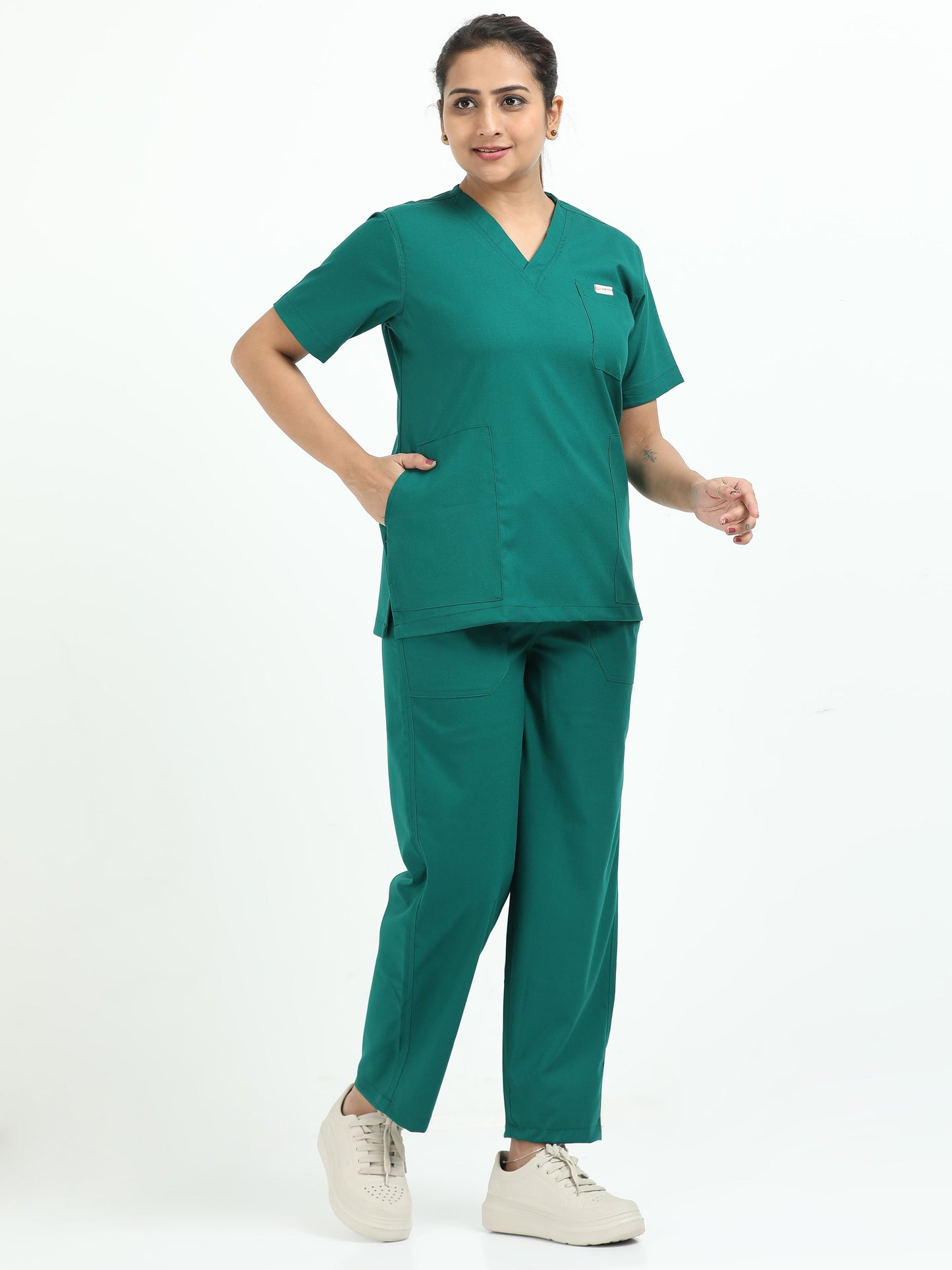 Women’s Forest Green Medical Scrub Set – V-Neck Top & Straight Pants | Twill Fabric, Breathable & Antibacterial – Eco Flex