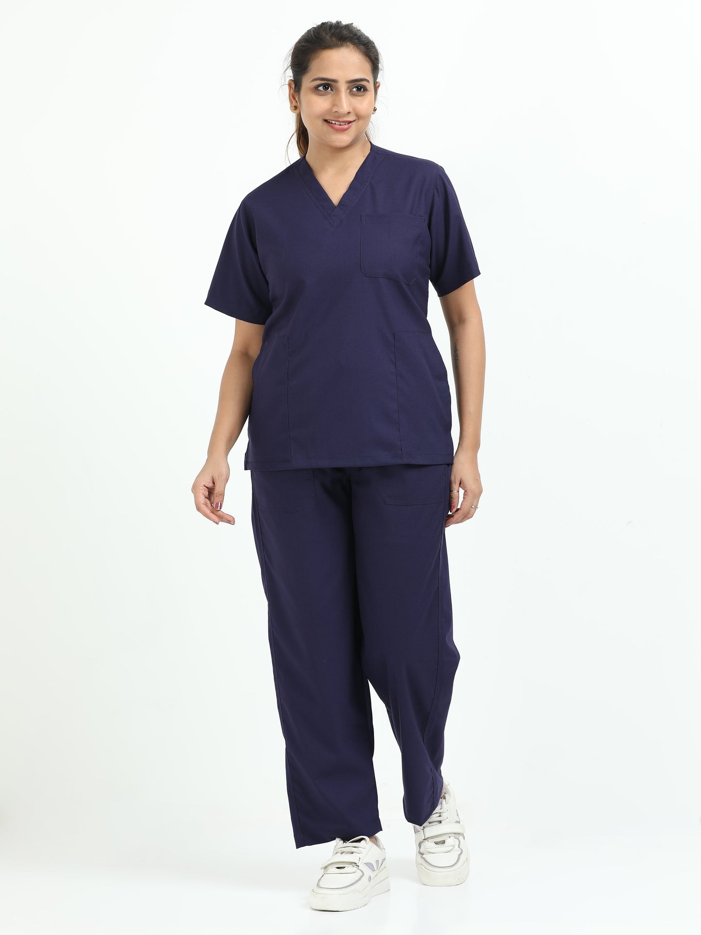 Women’s Navy Medical Scrub Set – V-Neck Top & Straight Pants | Twill Fabric, Antibacterial & Quick-Dry Fabric – Eco Flex