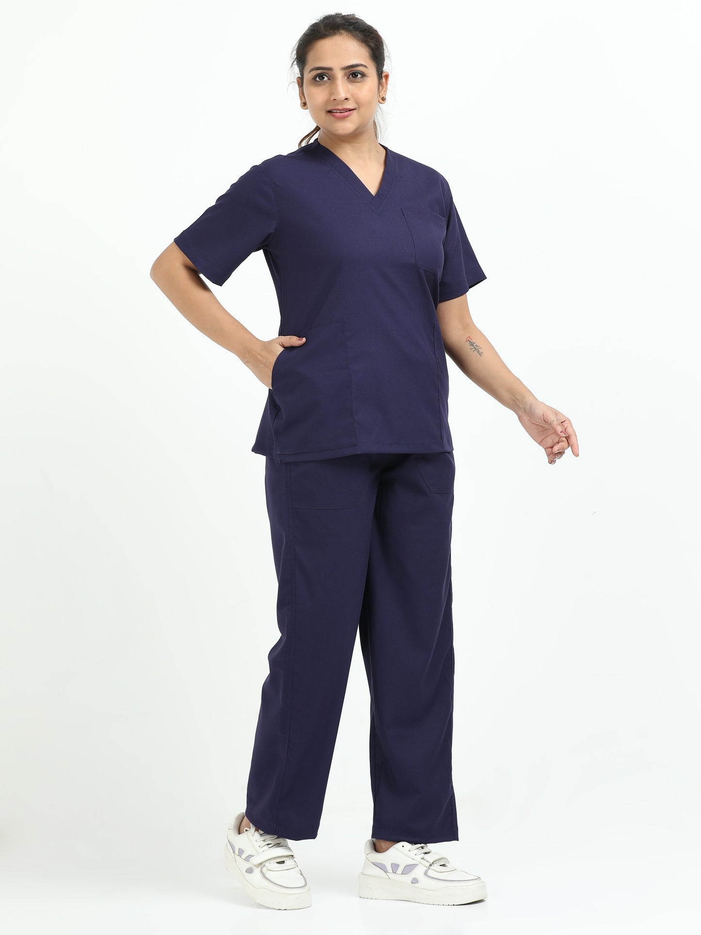 Women’s Navy Medical Scrub Set – V-Neck Top & Straight Pants | Twill Fabric, Antibacterial & Quick-Dry Fabric – Eco Flex