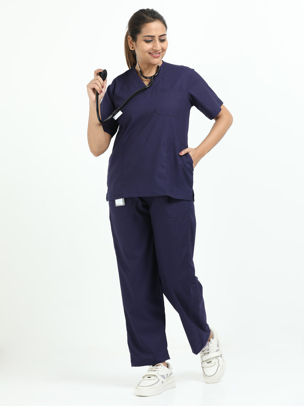 Women’s Navy Medical Scrub Set – V-Neck Top & Straight Pants | 2-Way Stretch, Antibacterial & Quick-Dry Fabric – Apollo