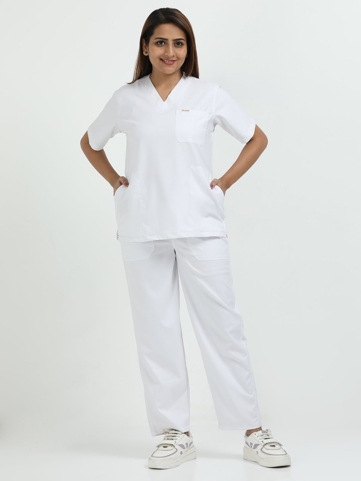 Women’s Snow White Medical Scrub Set – V-Neck Top & Straight Pants | 2-Way Stretch, Antibacterial & Easy-Care Fabric – Apollo