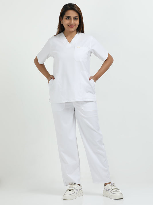 Women's Snow White Medical Scrub Set – V-Neck Top & Straight Pants | Twill Fabric, Breathable & Antibacterial – Eco Flex