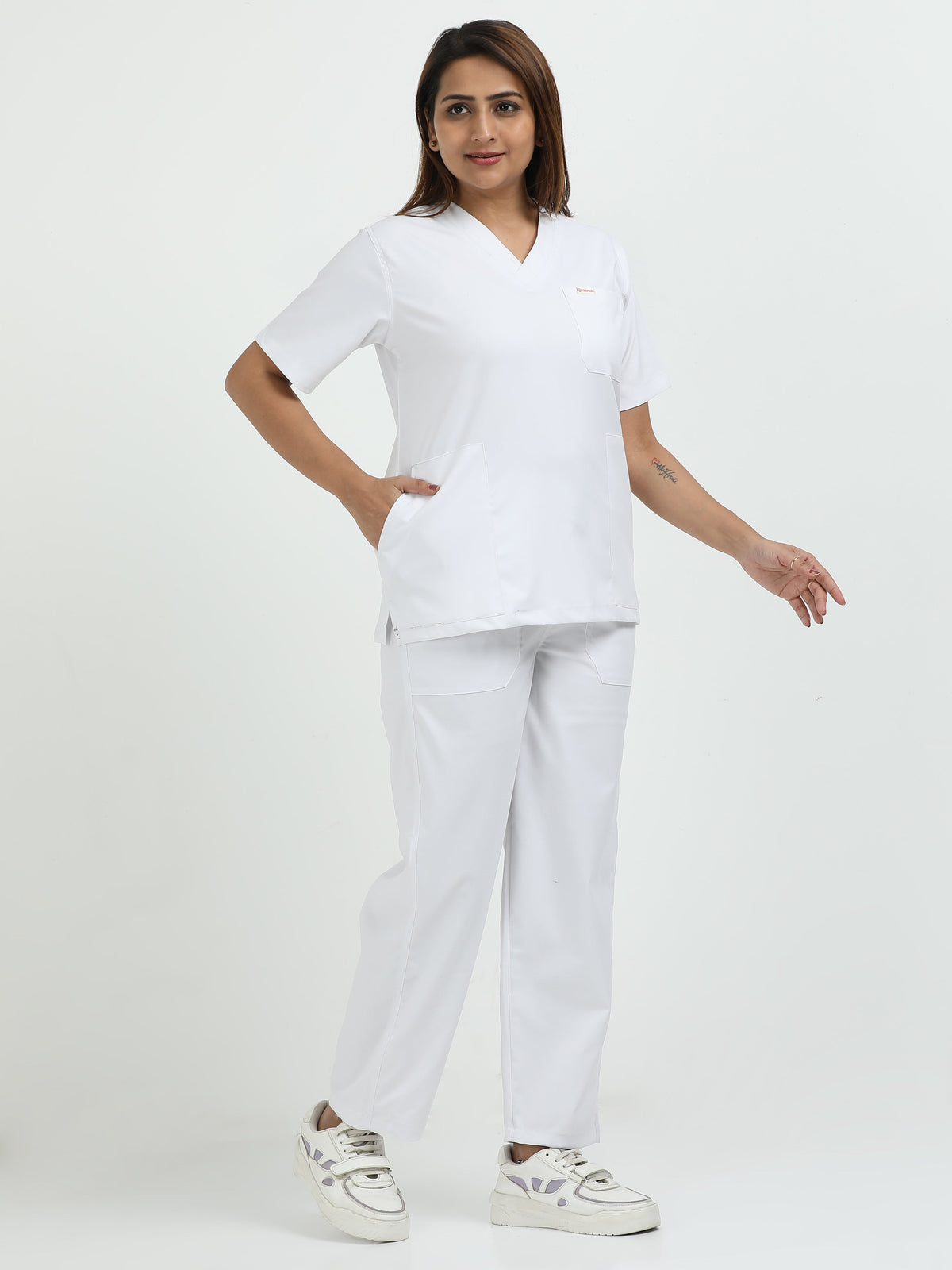 Women's Snow White Medical Scrub Set – V-Neck Top & Straight Pants | Twill Fabric, Breathable & Antibacterial – Eco Flex