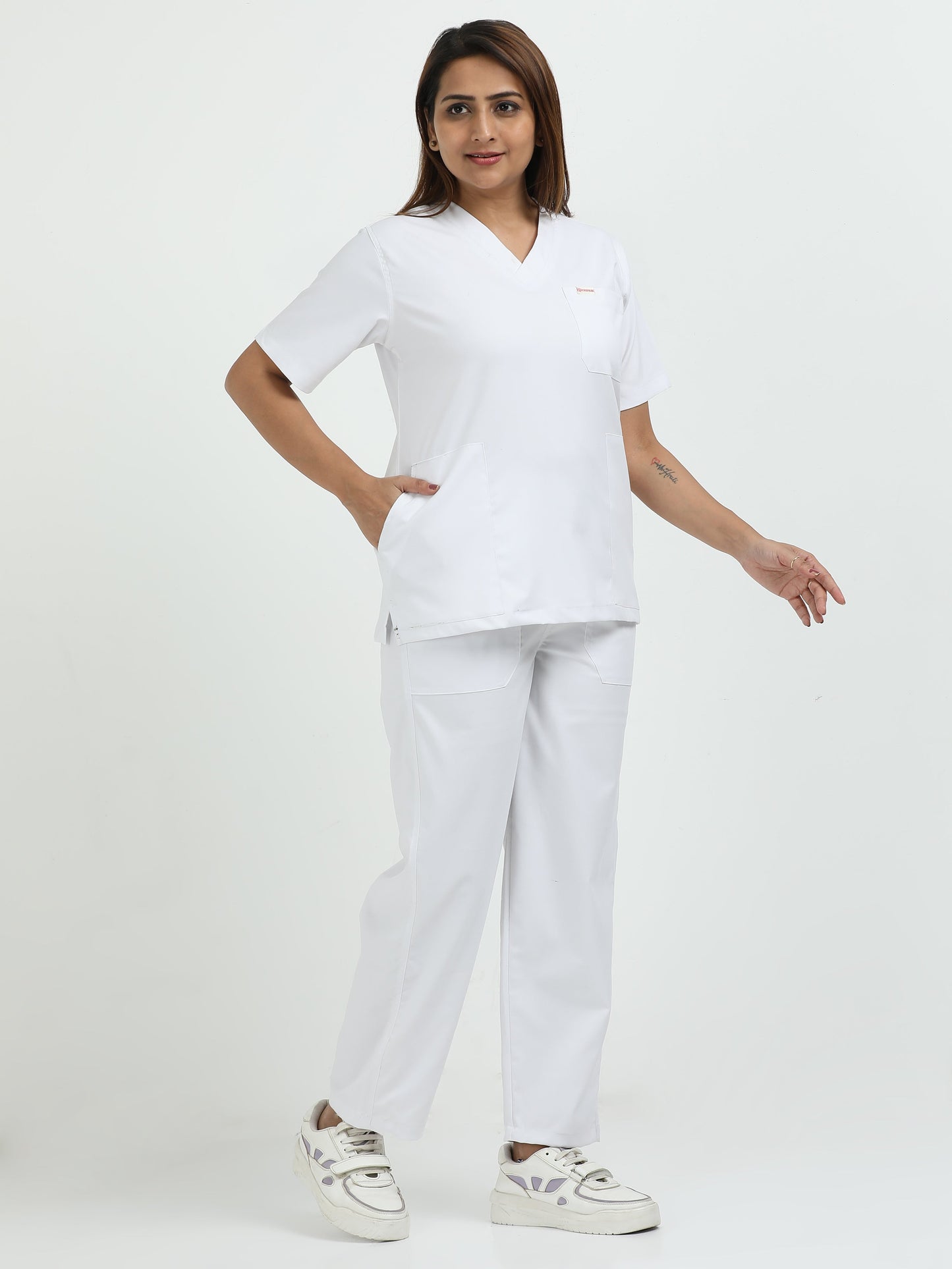 Women’s Snow White Medical Scrub Set – V-Neck Top & Straight Pants | 2-Way Stretch, Antibacterial & Easy-Care Fabric – Apollo