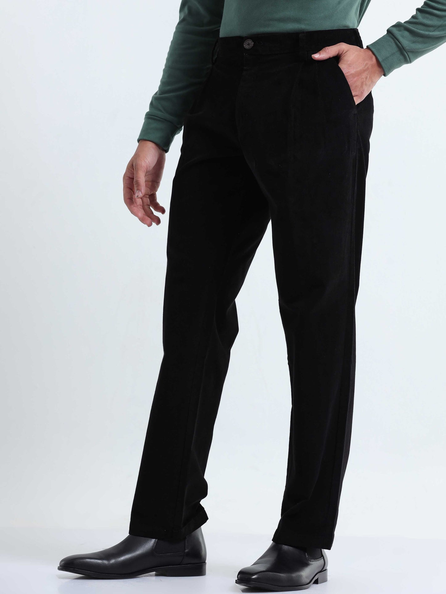 Soft Corduroy Black Relaxed Pleated Pant
