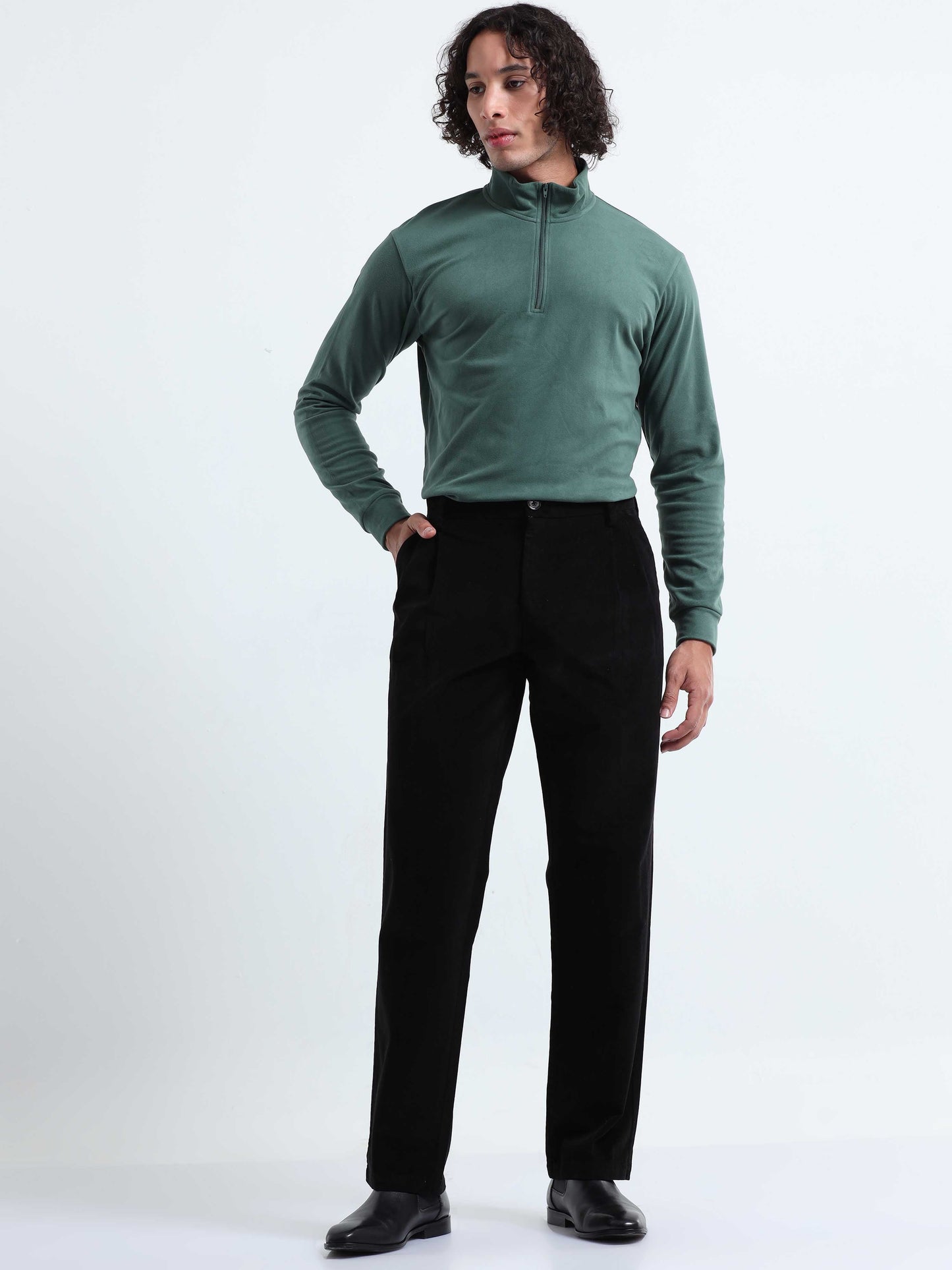Soft Corduroy Black Relaxed Pleated Pant