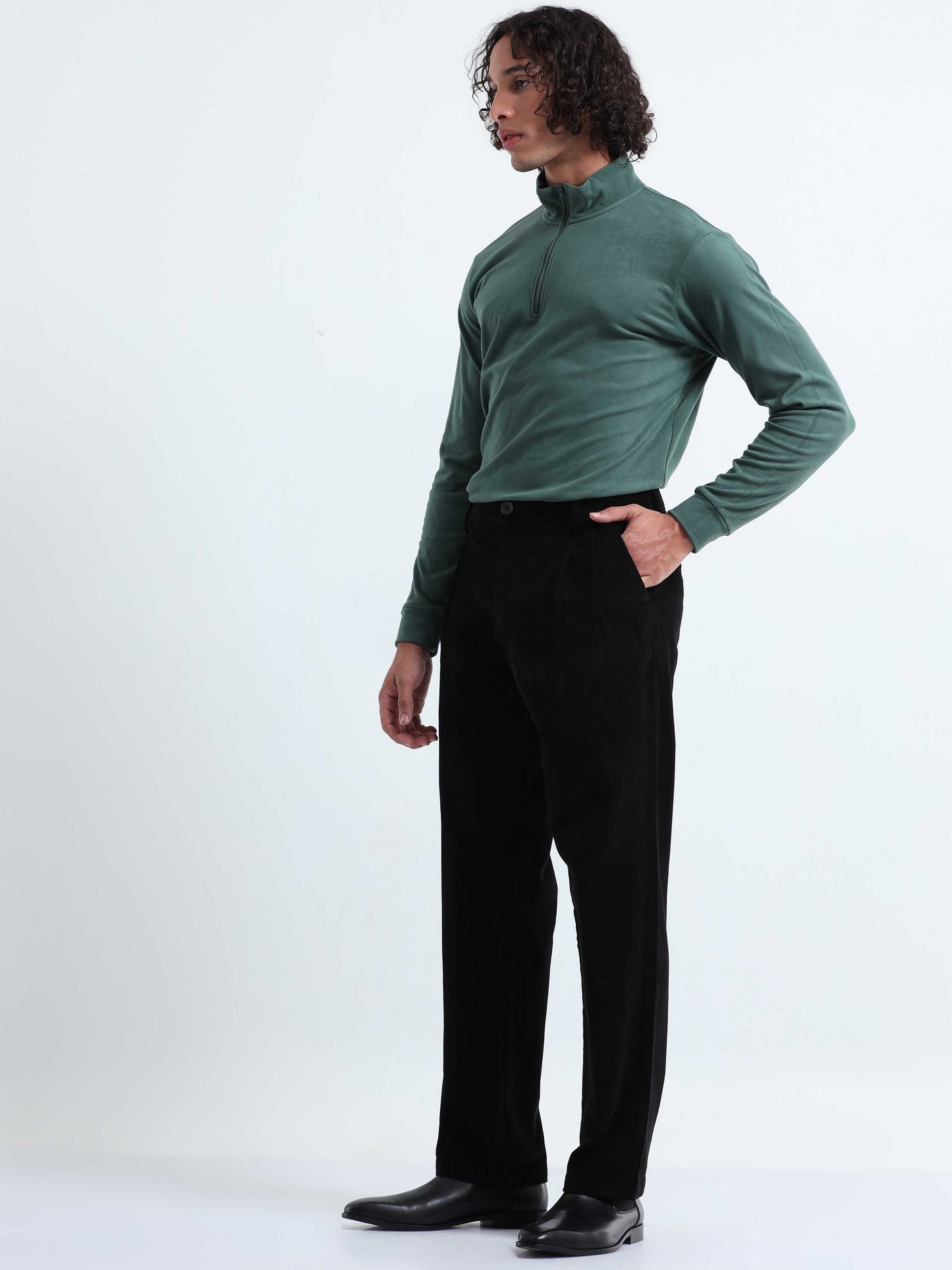 Soft Corduroy Black Relaxed Pleated Pant