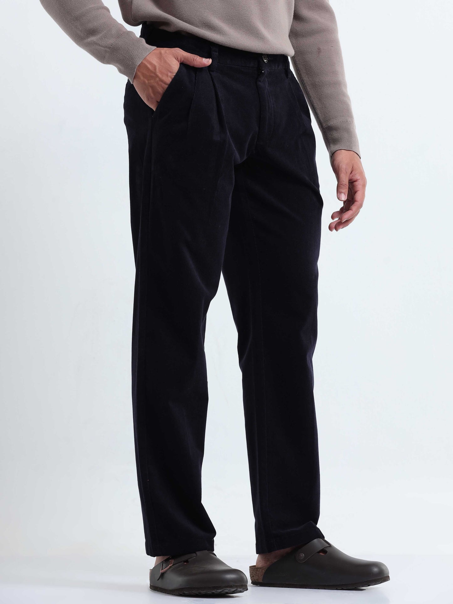 Soft Corduroy Navy Relaxed Pleated Pant
