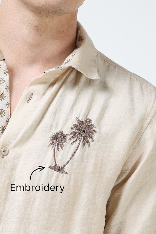 Men’s Beige Textured Cotton Casual Shirt with Palm Tree Embroidery