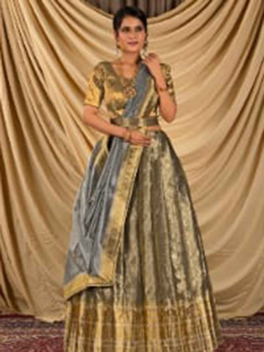 Tissue Gray L-Gold Party Wear Lehenga for Women