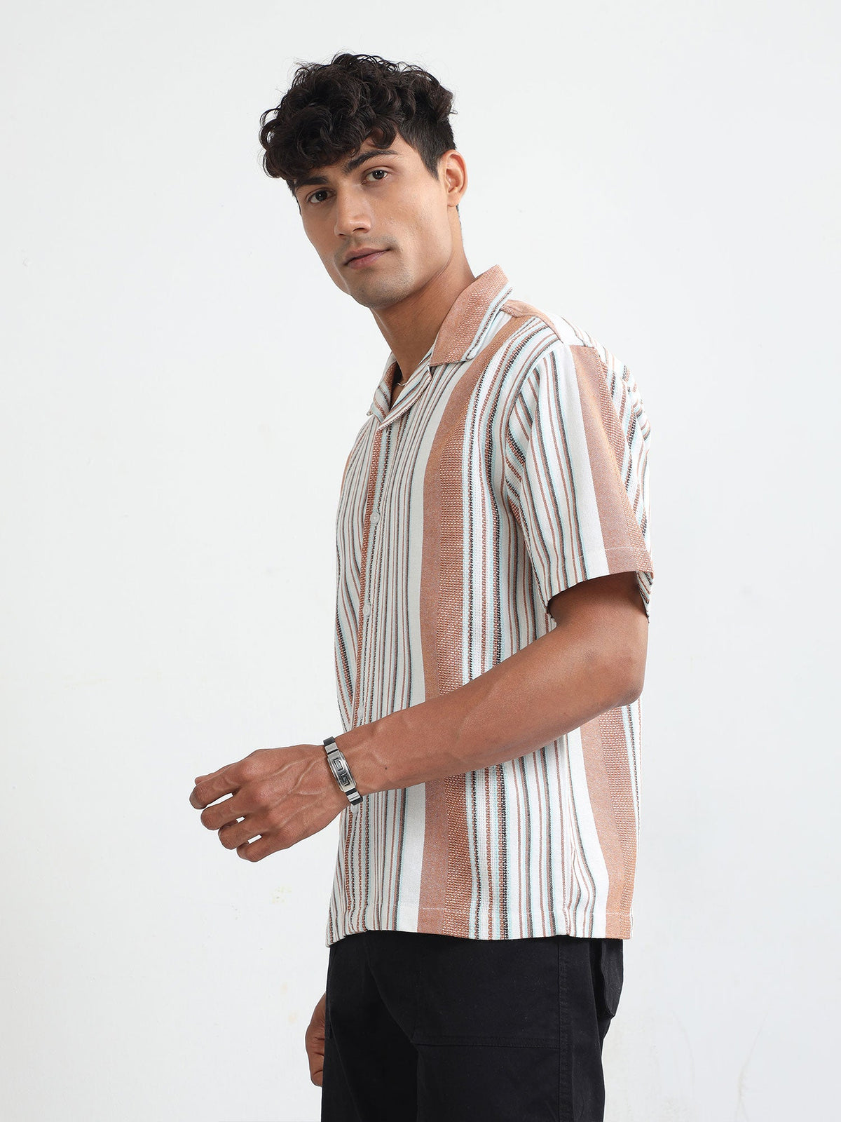 Men Striped Jacquard Oversized Shirt-Mustard