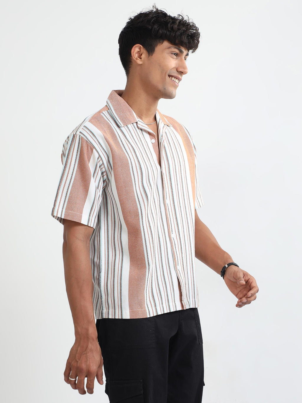 Men Striped Jacquard Oversized Shirt-Mustard