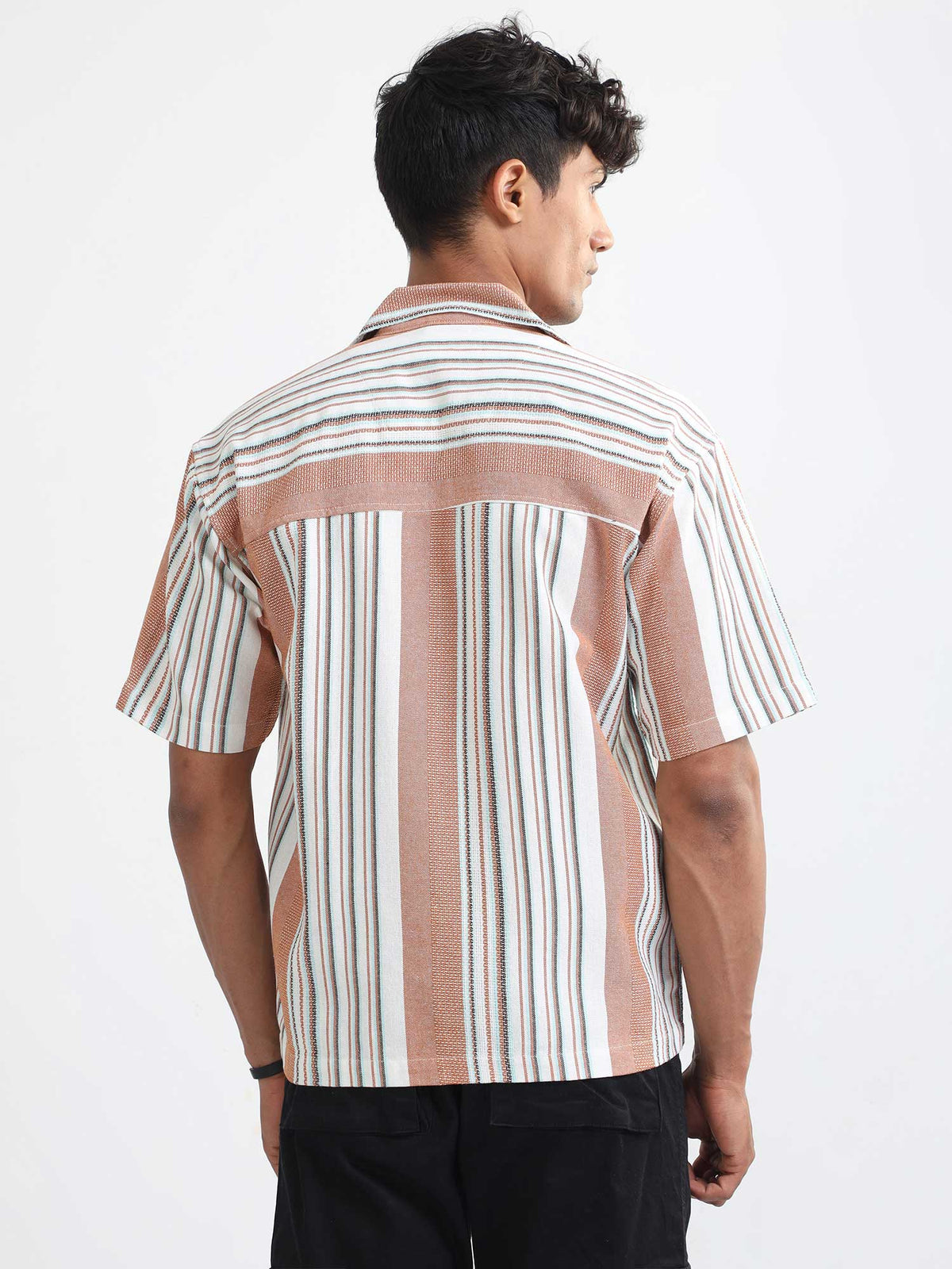 Men Striped Jacquard Oversized Shirt-Mustard