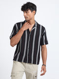 Men Striped Jacquard Oversized Shirt-Black