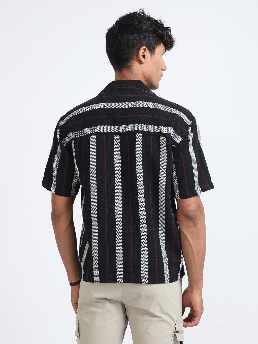 Men Striped Jacquard Oversized Shirt-Black