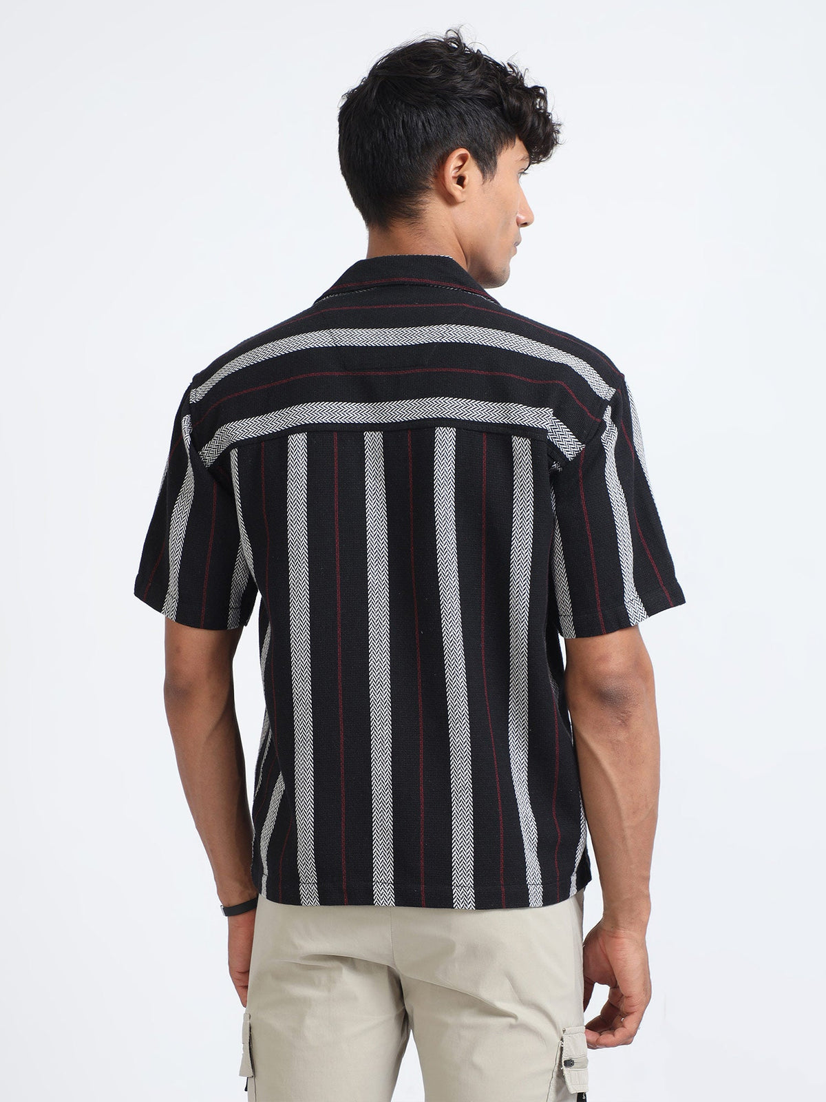 Men Striped Jacquard Oversized Shirt-Black