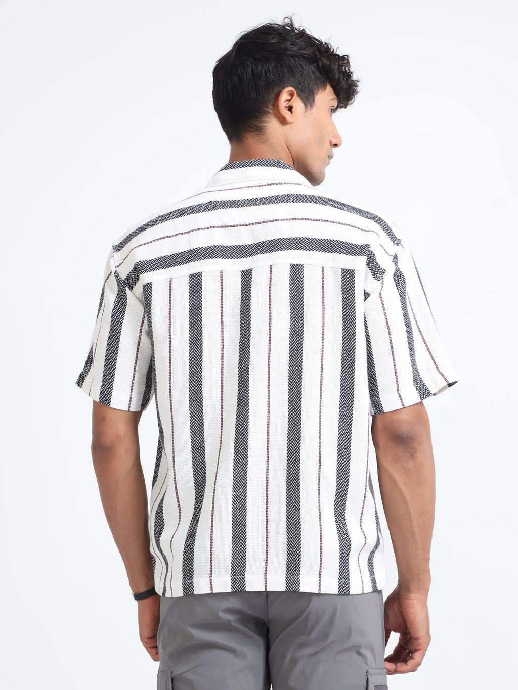 Men Striped Jacquard Oversized Shirt-White & Grey