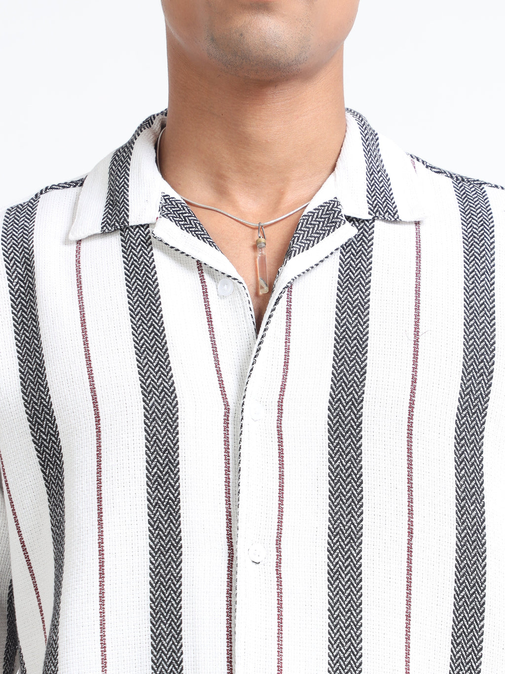 Men Striped Jacquard Oversized Shirt-White & Grey