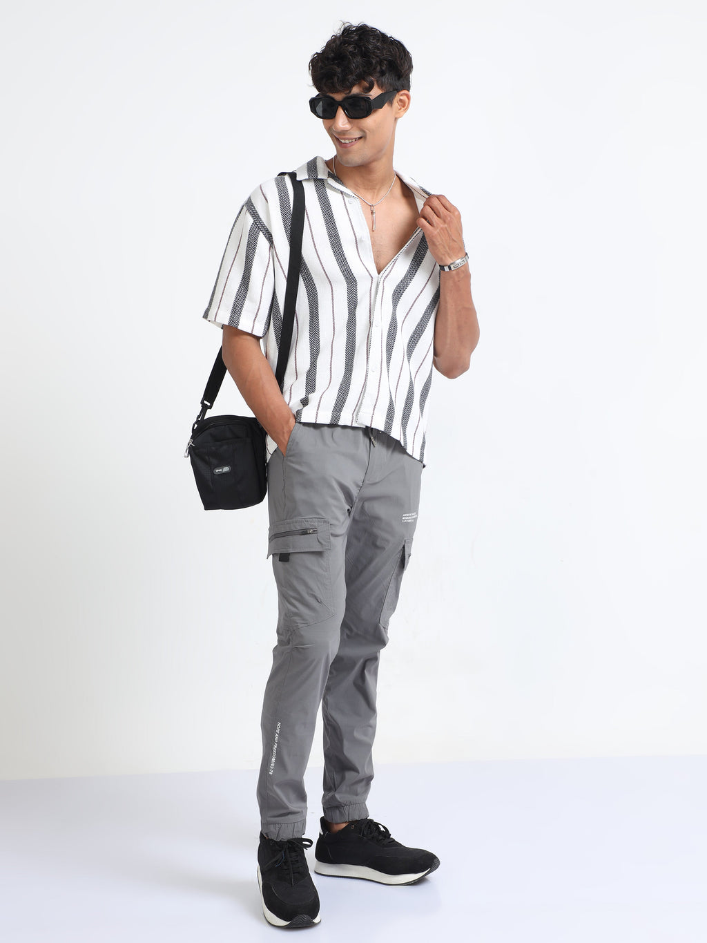 Men Striped Jacquard Oversized Shirt-White & Grey
