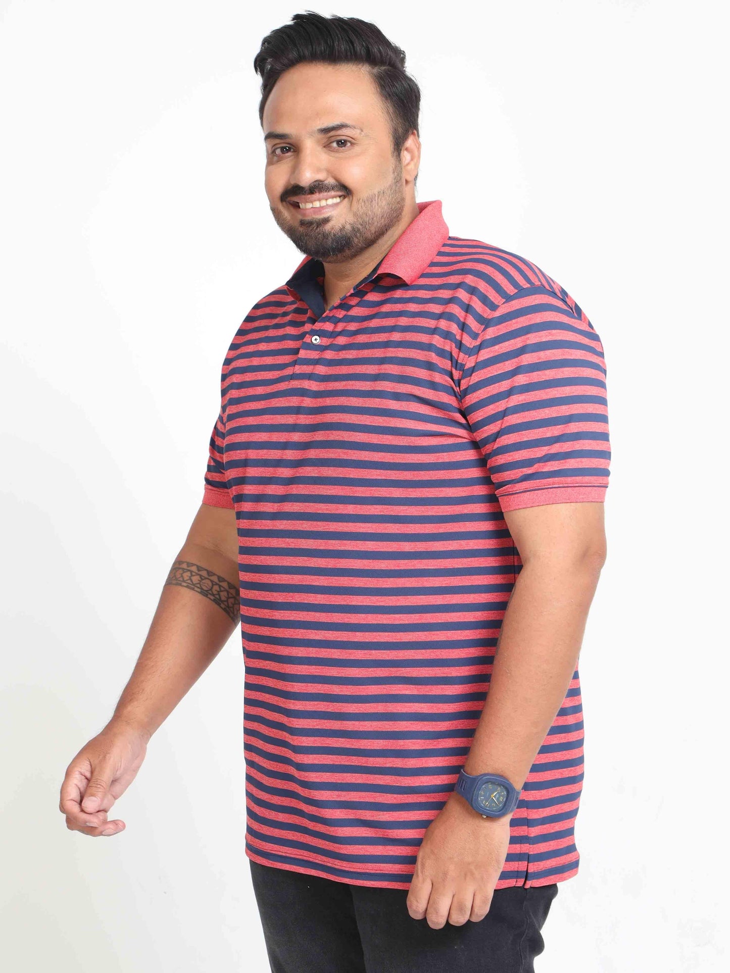 Plus Size Red & Blue Stripe Men's Polo T-shirt