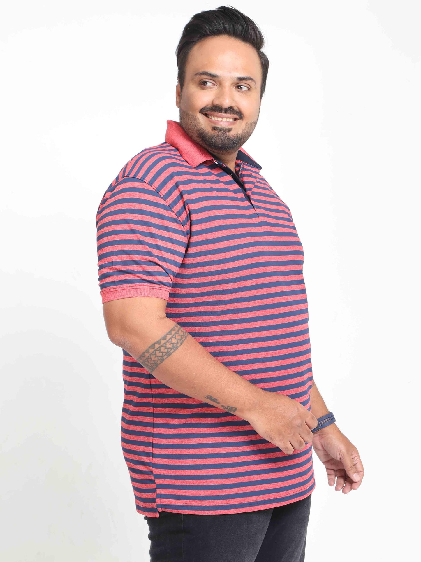Plus Size Red & Blue Stripe Men's Polo T-shirt