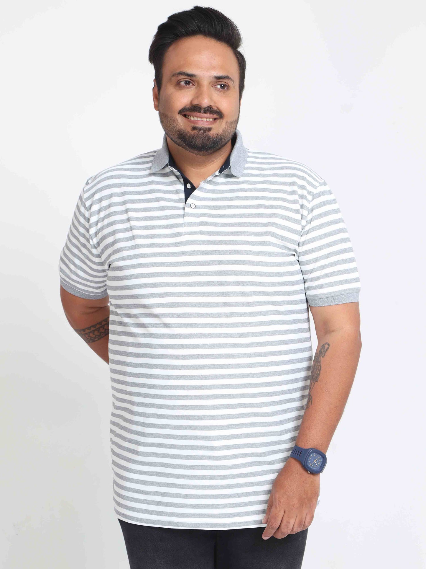 White & Grey Stripe Men's Polo T-shirt