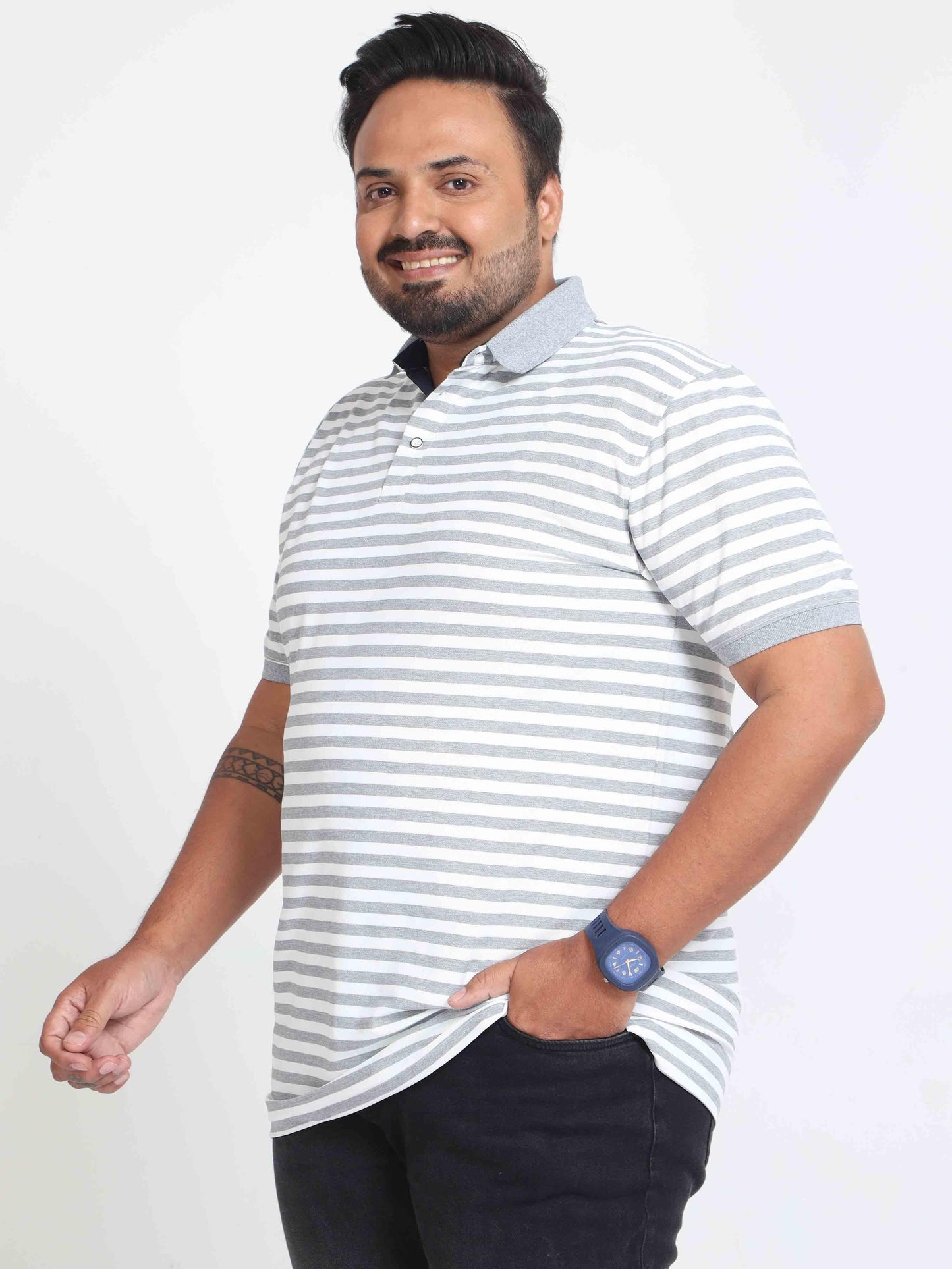 Plus Size White & Grey Stripe Men's Polo T-shirt