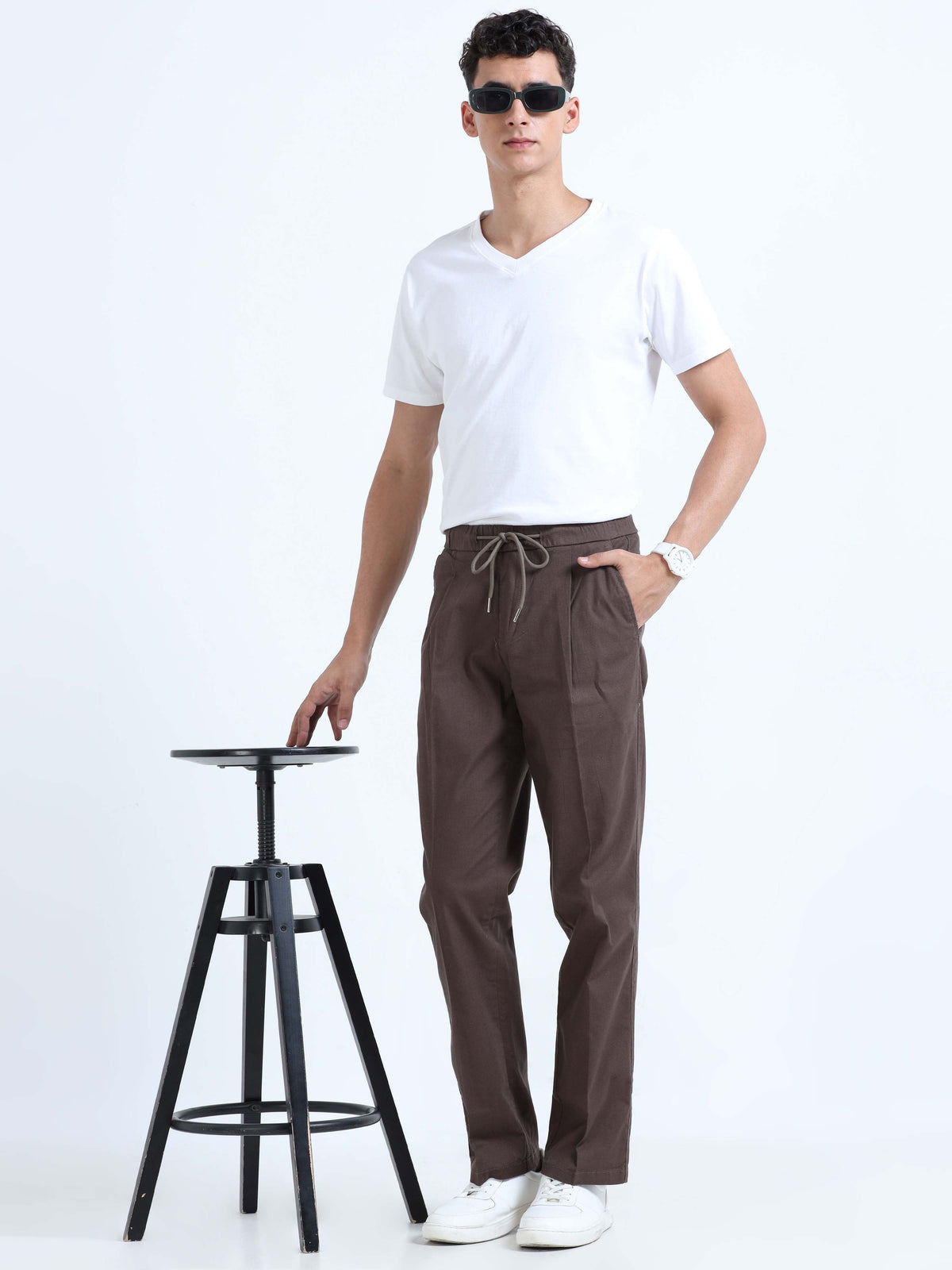 Men Lazy Linen Pleat Pant-Brown