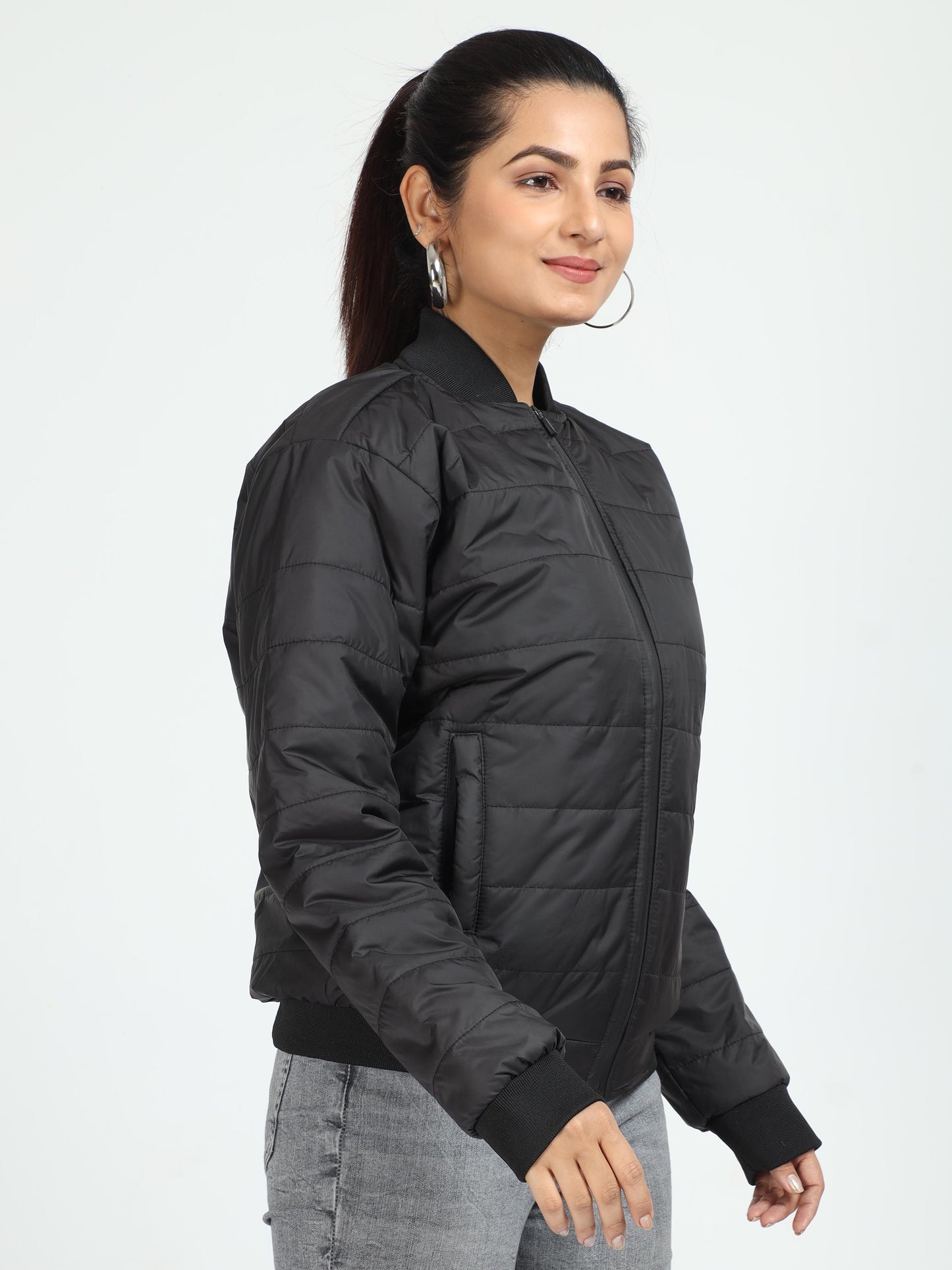 Women Black Bomber Rib Style Jacket
