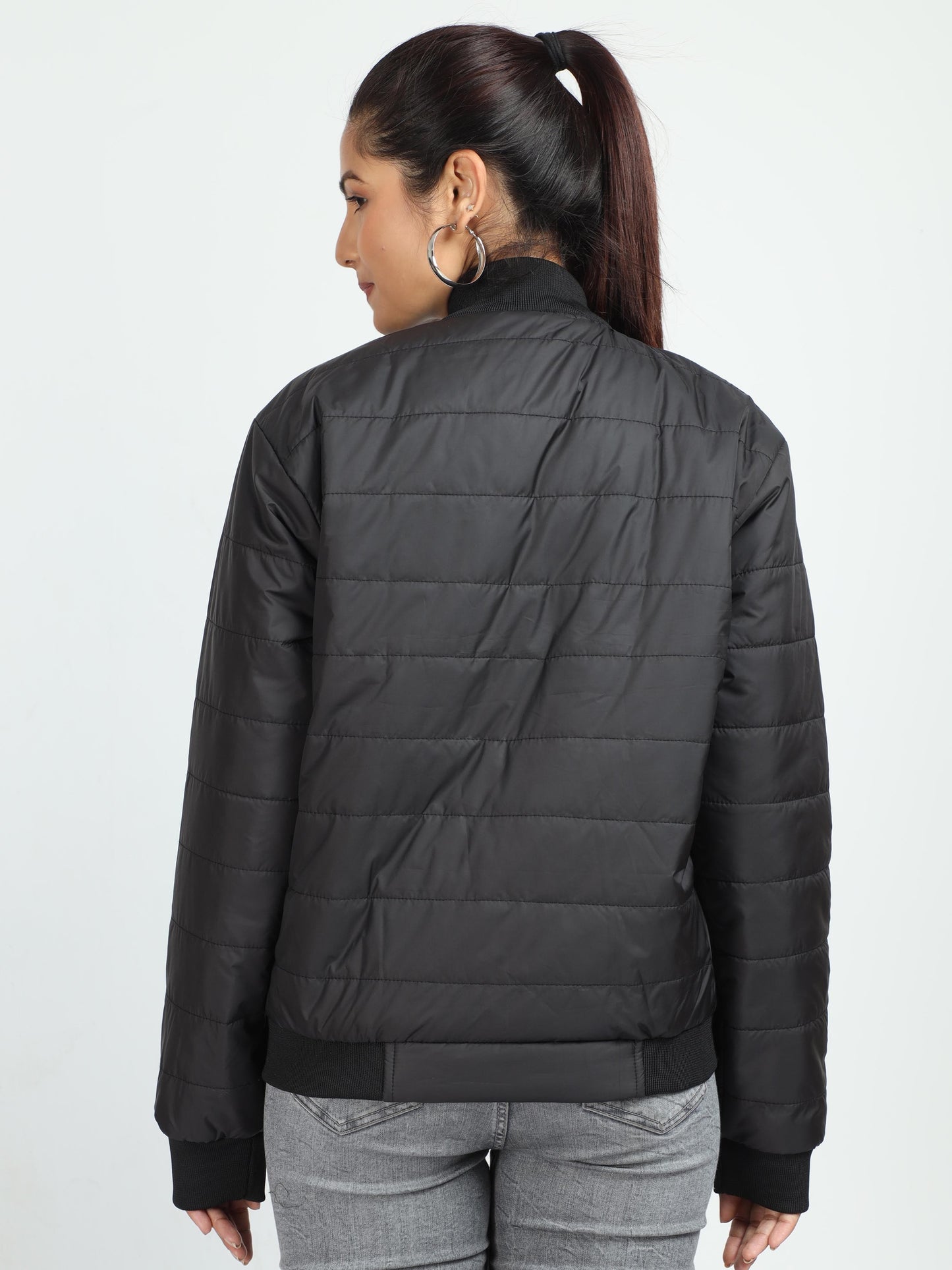 Women Black Bomber Rib Style Jacket
