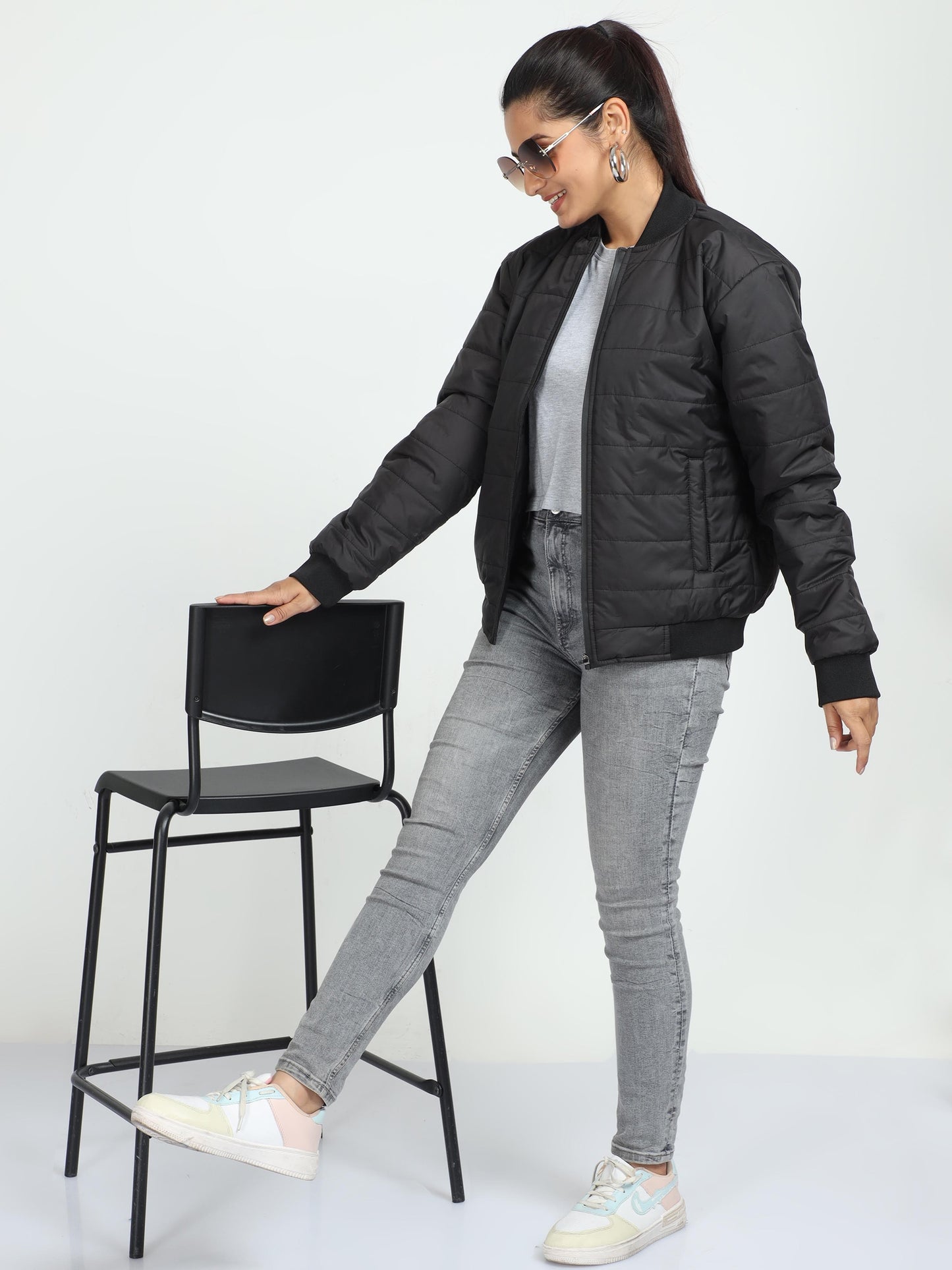 Women Black Bomber Rib Style Jacket