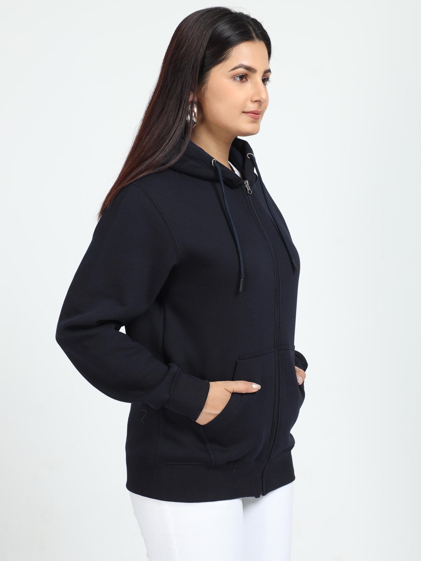 Women Navy Blue Zipper Hoodie