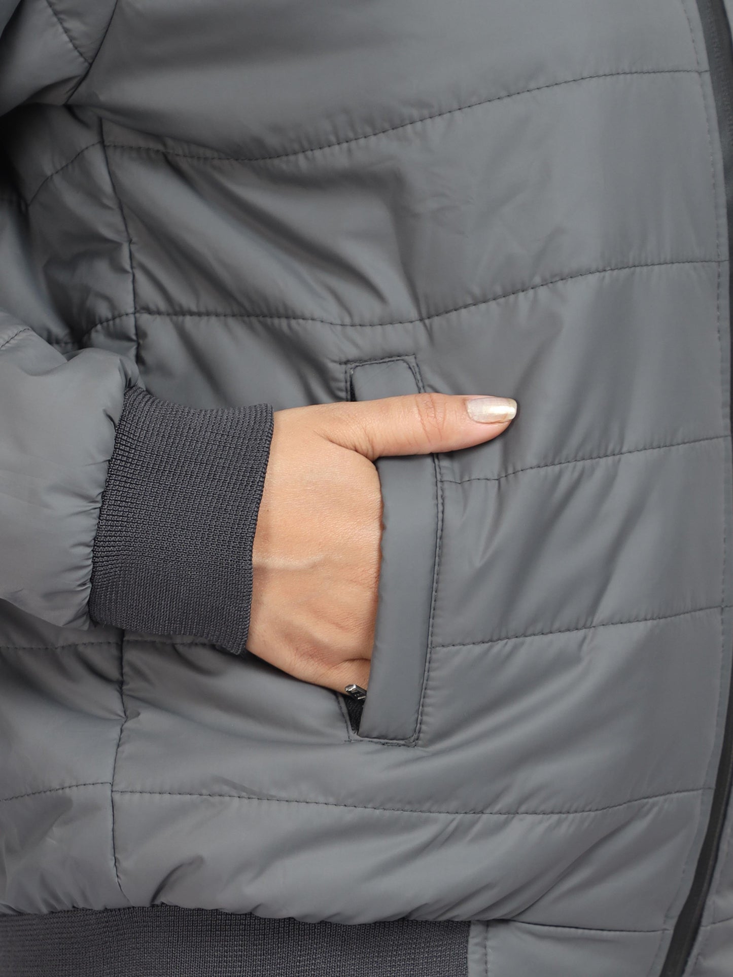 Women Grey Bomber Rib Style Jacket