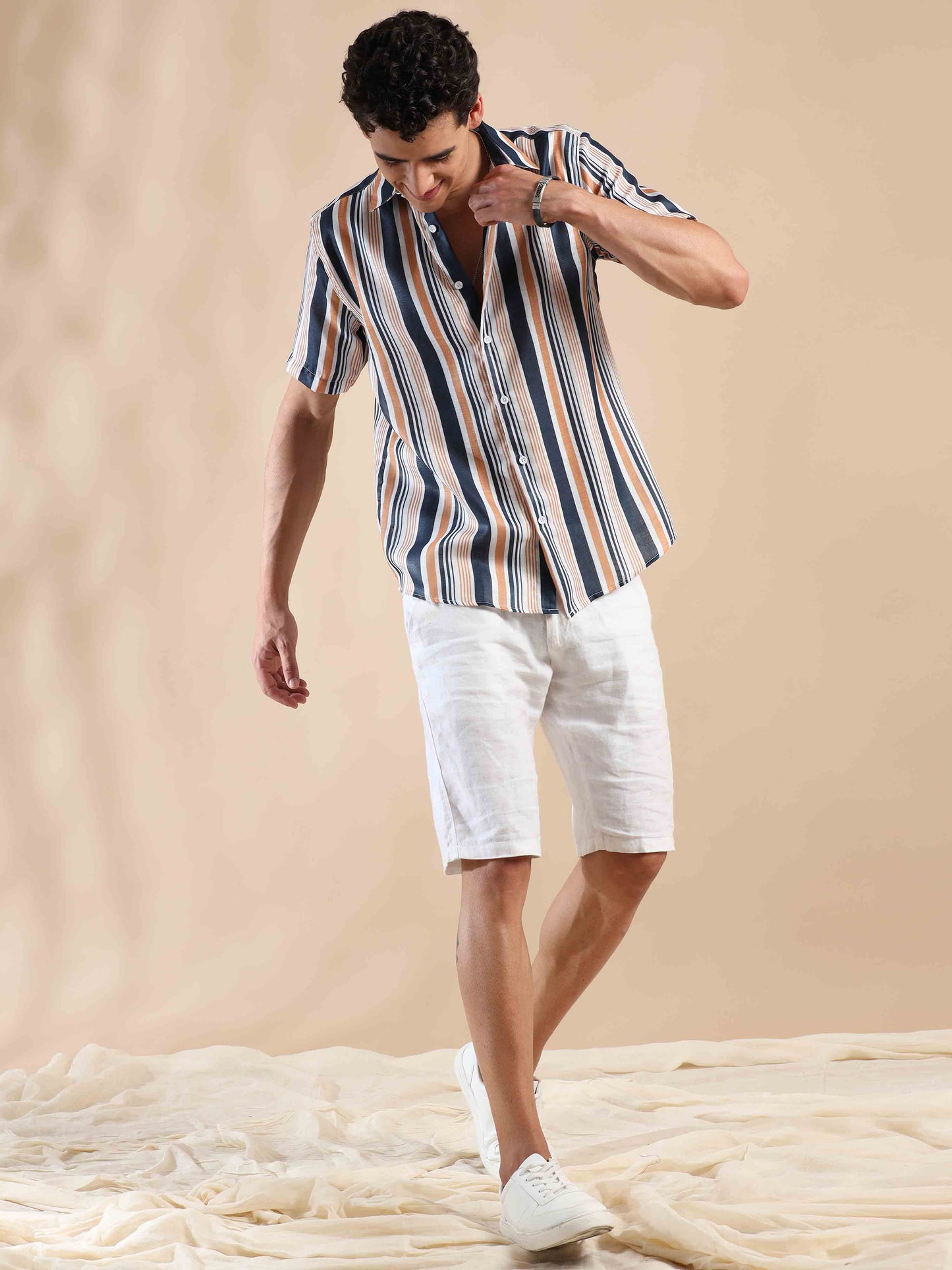 Blue Breeze, Peachy Gleam Stripes Cotton Shirt